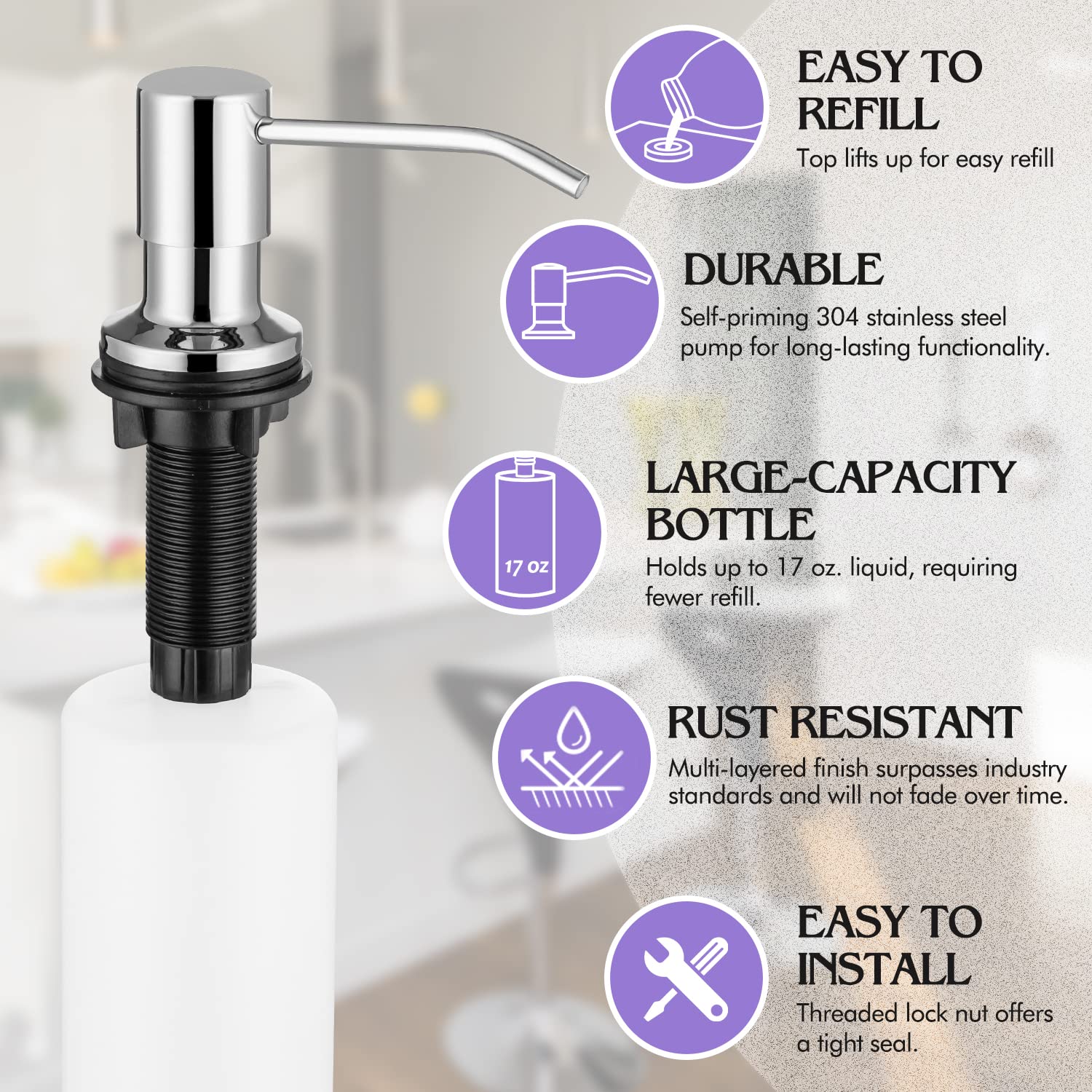 Dispensador de jabón integrado para fregadero de cocina, acero inoxidable (cromo), juego de bomba para jabón o loción, recarga desde la parte superior, dispensador de jabón para encimera, 17 onzas