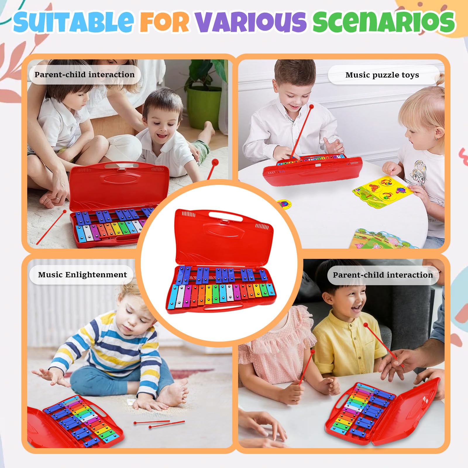 Xilofono Glockenspiel cromatico a 25 note, in custodia rossa, xilofono colorato con tasti neri e bianchi e due battitori in plastica, per bambini e adulti, percussioni musicali per strumenti educativi