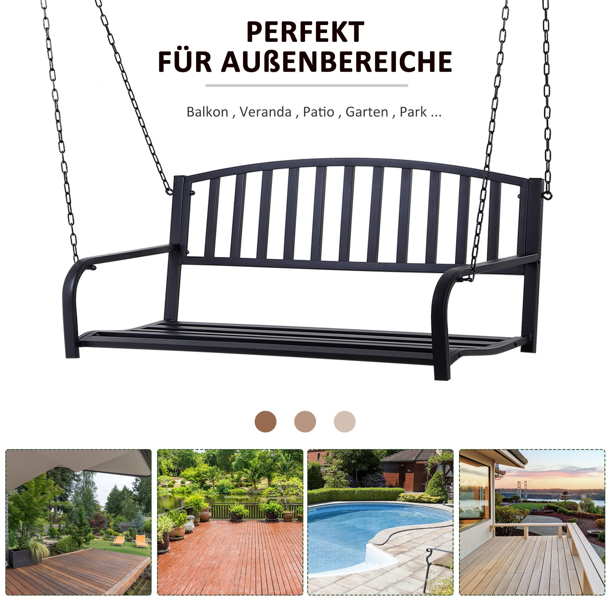 Outsunny Hängebank 2-Sitzer Gartenschaukel Schaukelbank Hollywoodschaukel Schwebebank mit Ketten Metall Schwarz 127 x 60 x 53 cm