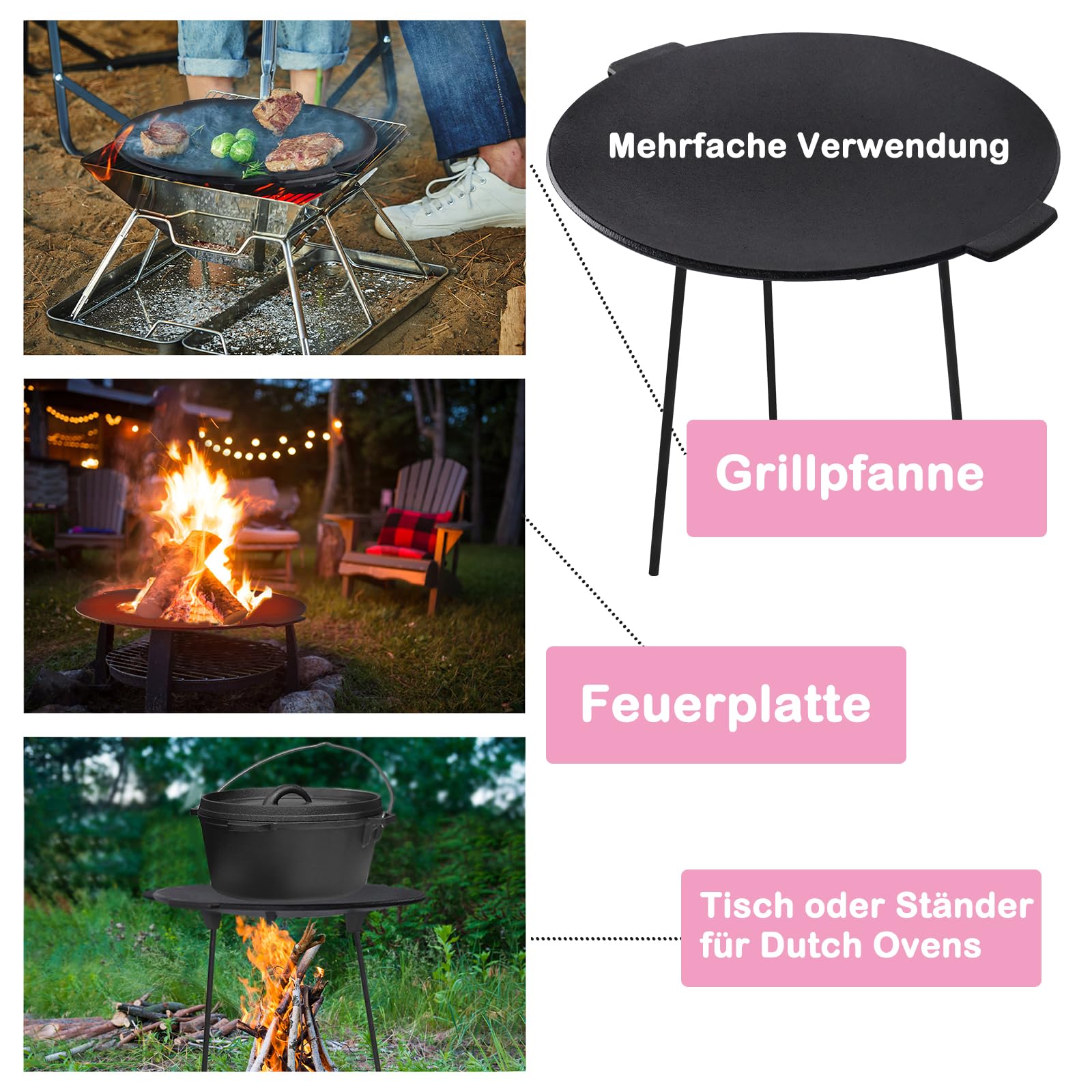 Aufun parrilla de hierro fundido con 3 patas parrilla parrilla accesorios redondo, soporte para horno holandés, Ø 45 cm parrilla para acampar, jardín, viajes
