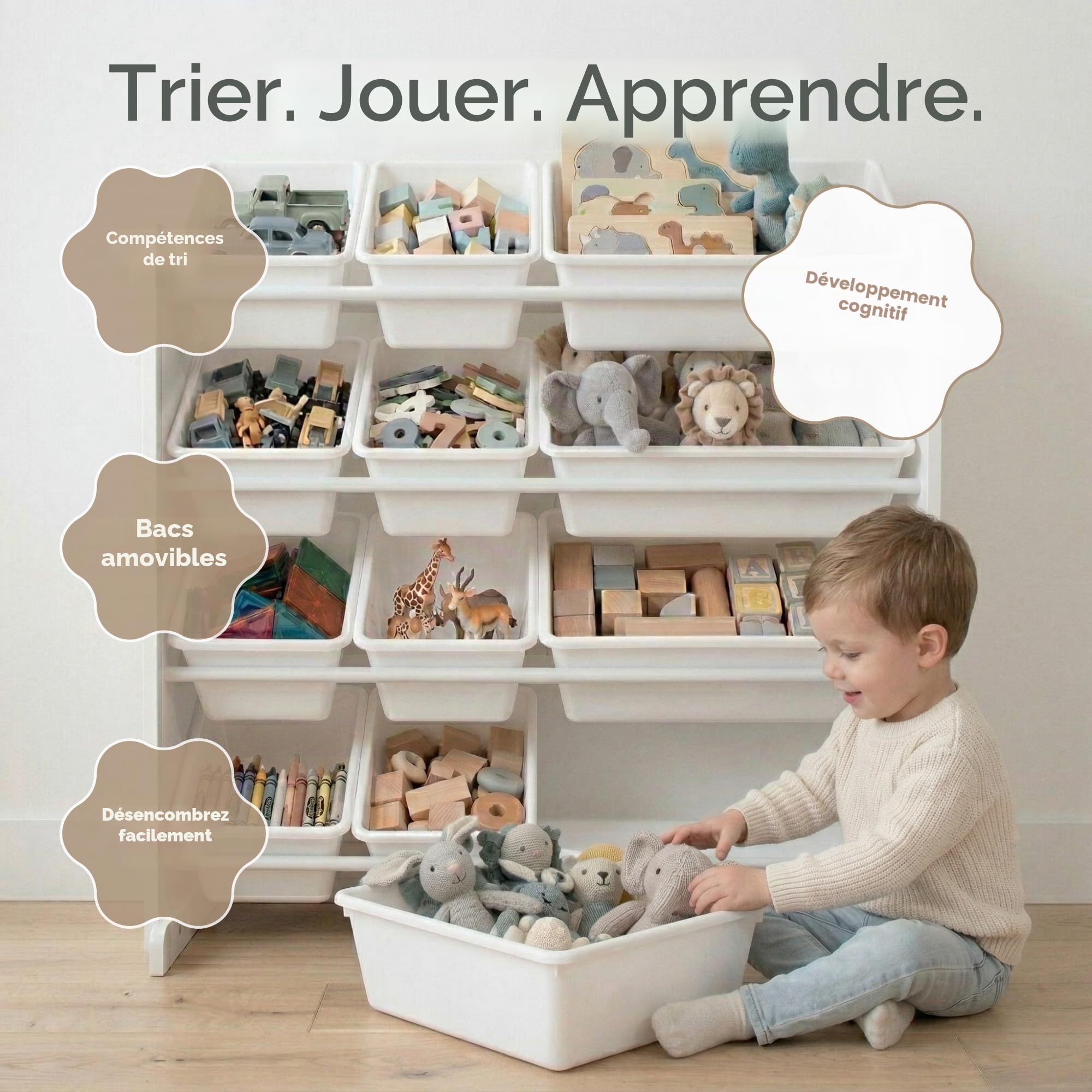 Humble Crew WO565 Étagère pour Enfants - Organisateur de Jouets avec 12 Bacs de Rangement, Blanc/Blanc