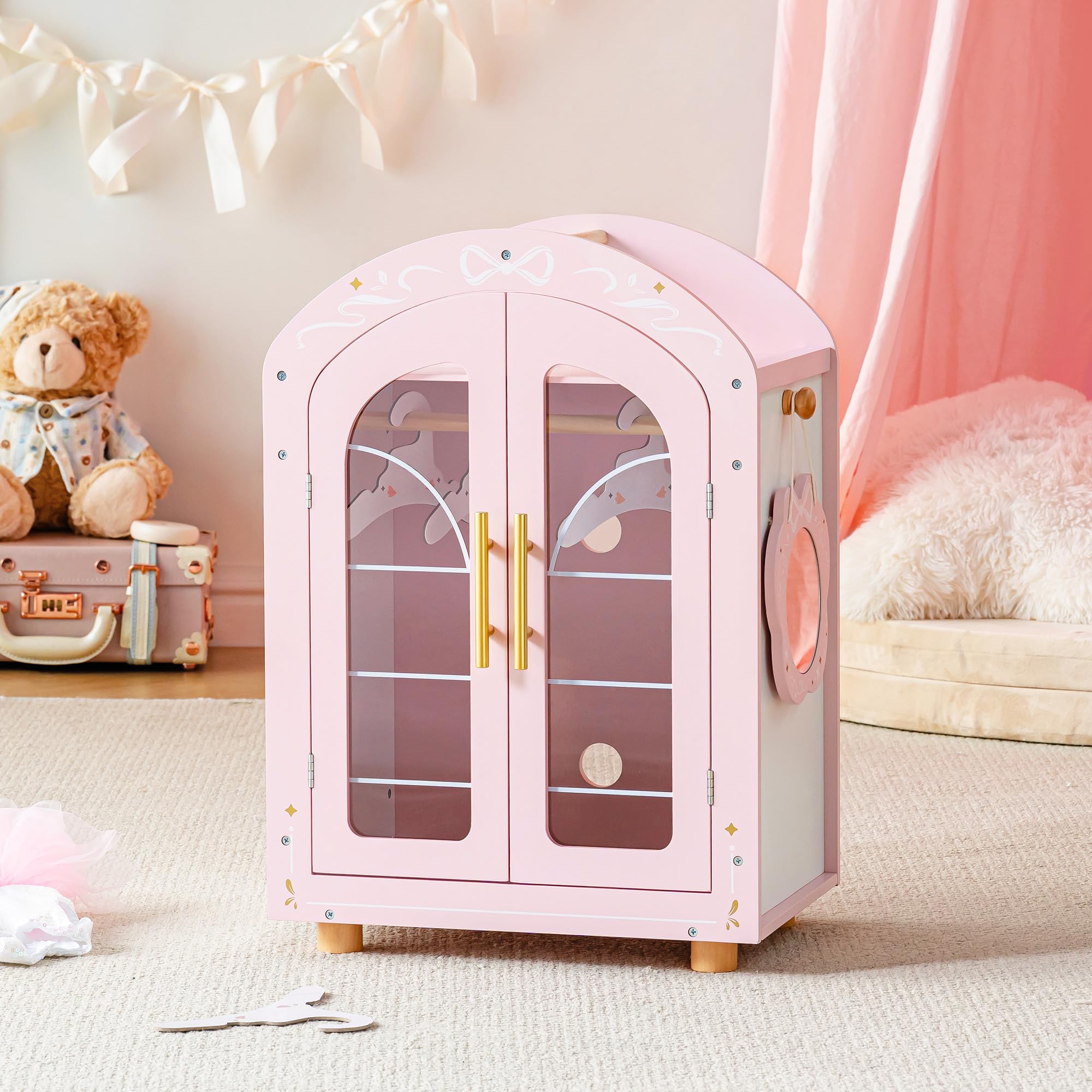 ROBOTIME Holz Puppenschrank für 43-45cm Puppen, Kleiderschrank mit Spiegel & Kleiderbügel, Holz Puppenmöbel mit Klaren Doppeltüren, Ballet Fairy Serie – Rosa