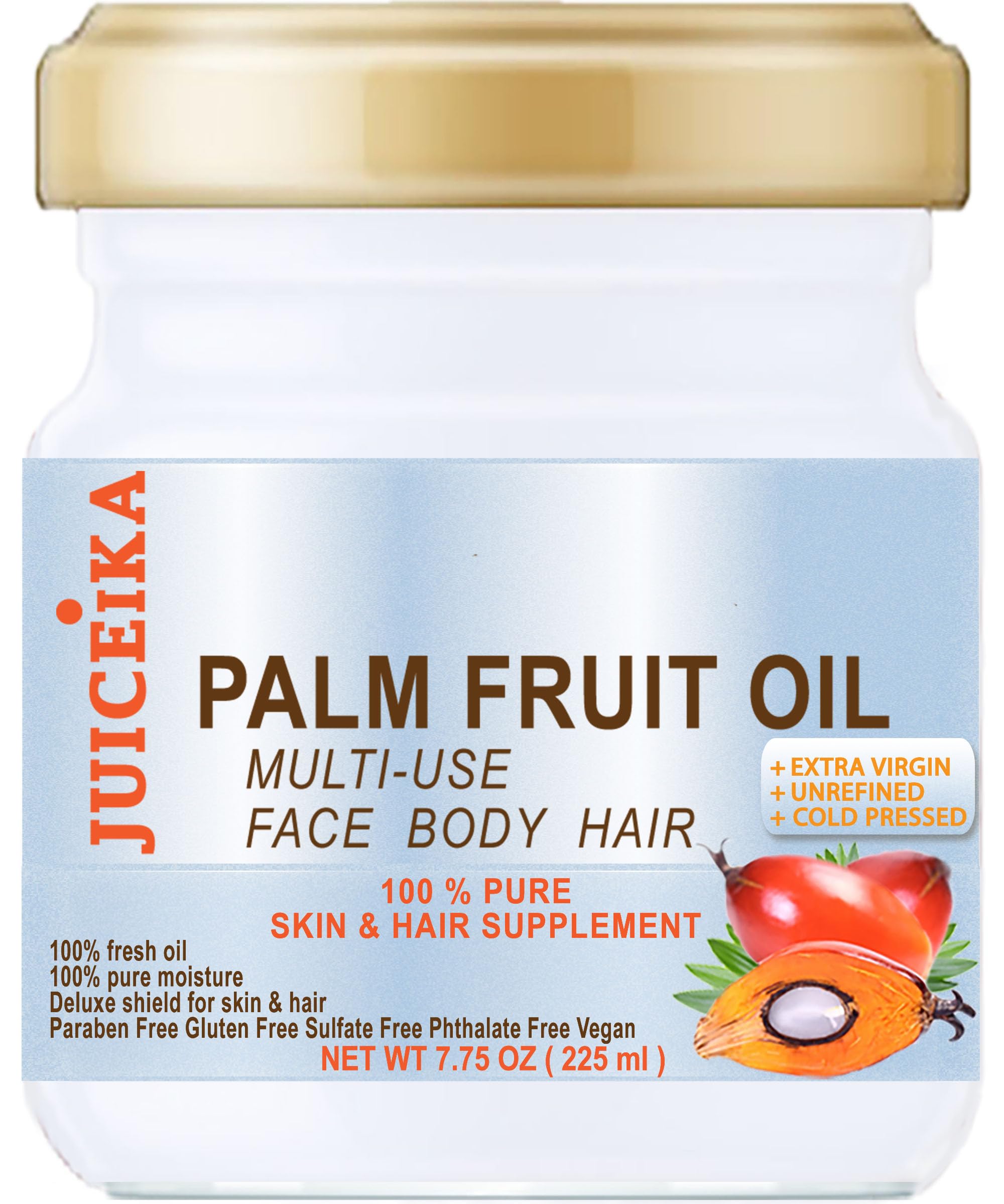 Juiceika 100% PURE PALM FRUIT OIL Brazilian EXTRA VIRGIN UNREFINED COLD PRESSED Pure Moisture Skin & Hair Supplement 7.75 Fl. oz 225 ml
