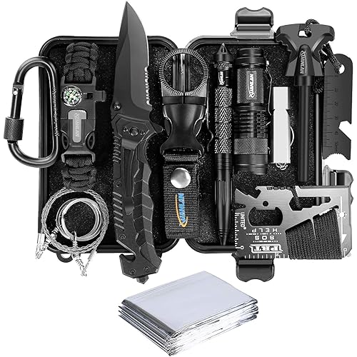 XUANLAN Emergency Survival Kit 13 in 1, Outdoor Survival Gear Tool with Survival Bracelet, Fire Starter, Whistle, Wood Cutter, Water Bottle Clip, Pen (Survival Kit 1)