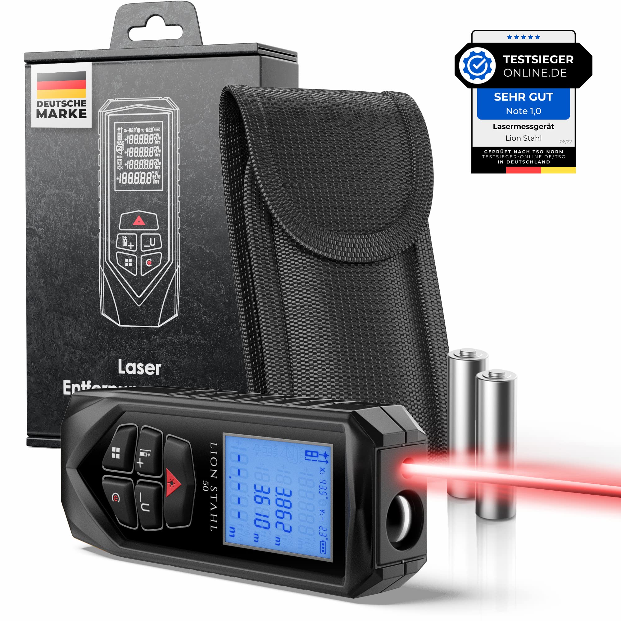 Germany Laser-Entfernungsmesser von 5cm-50m Innenbereich, Laser-Champion, Keep-Balance, inkl. Batterien, Automatische Berechnung von Fläche, Volumen, Dreiecke, Pythagoras