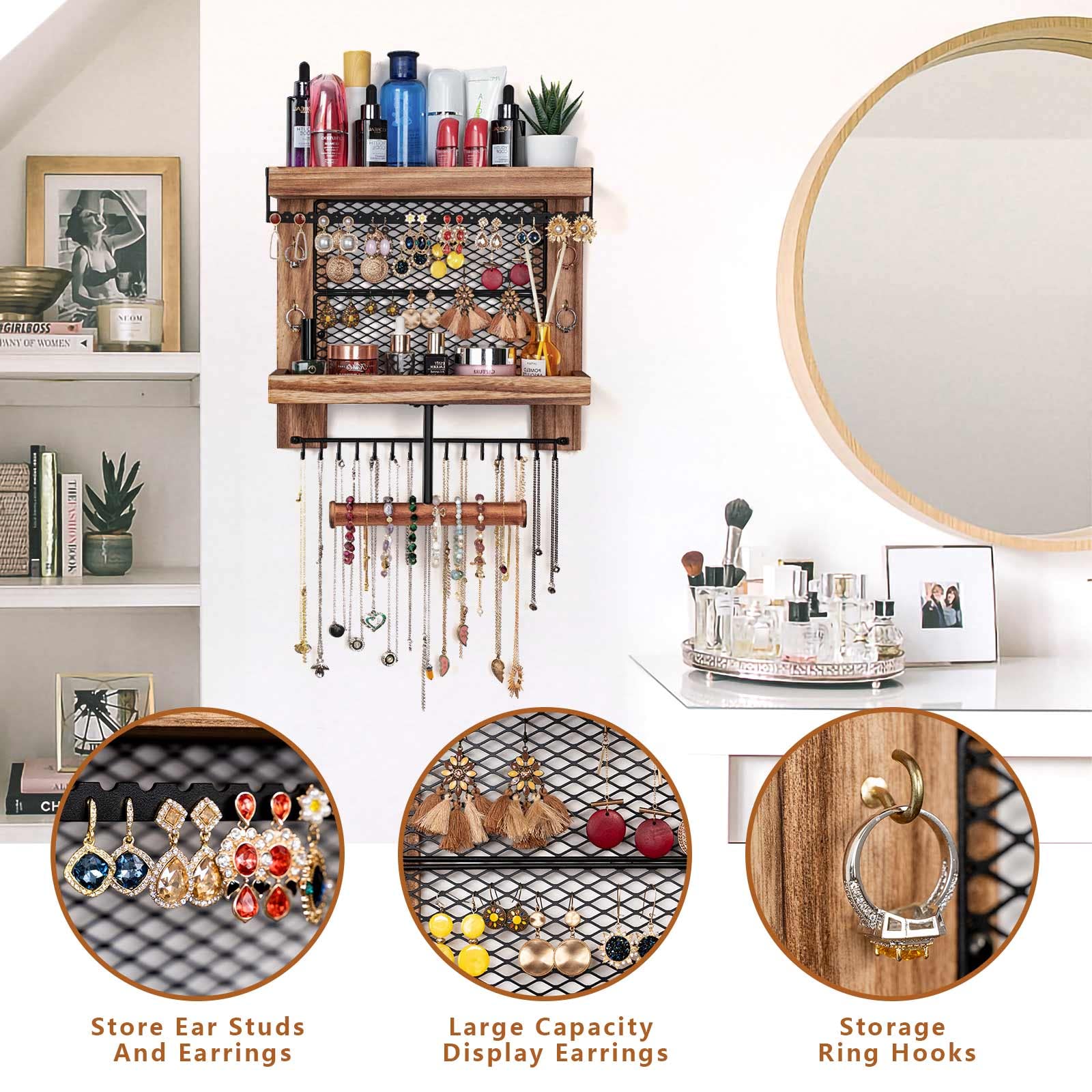 Lampaggio Organisateur De Bijoux à Suspendre Avec Crochets Et étagère à Cosmétiques, Support Mural Moderne En