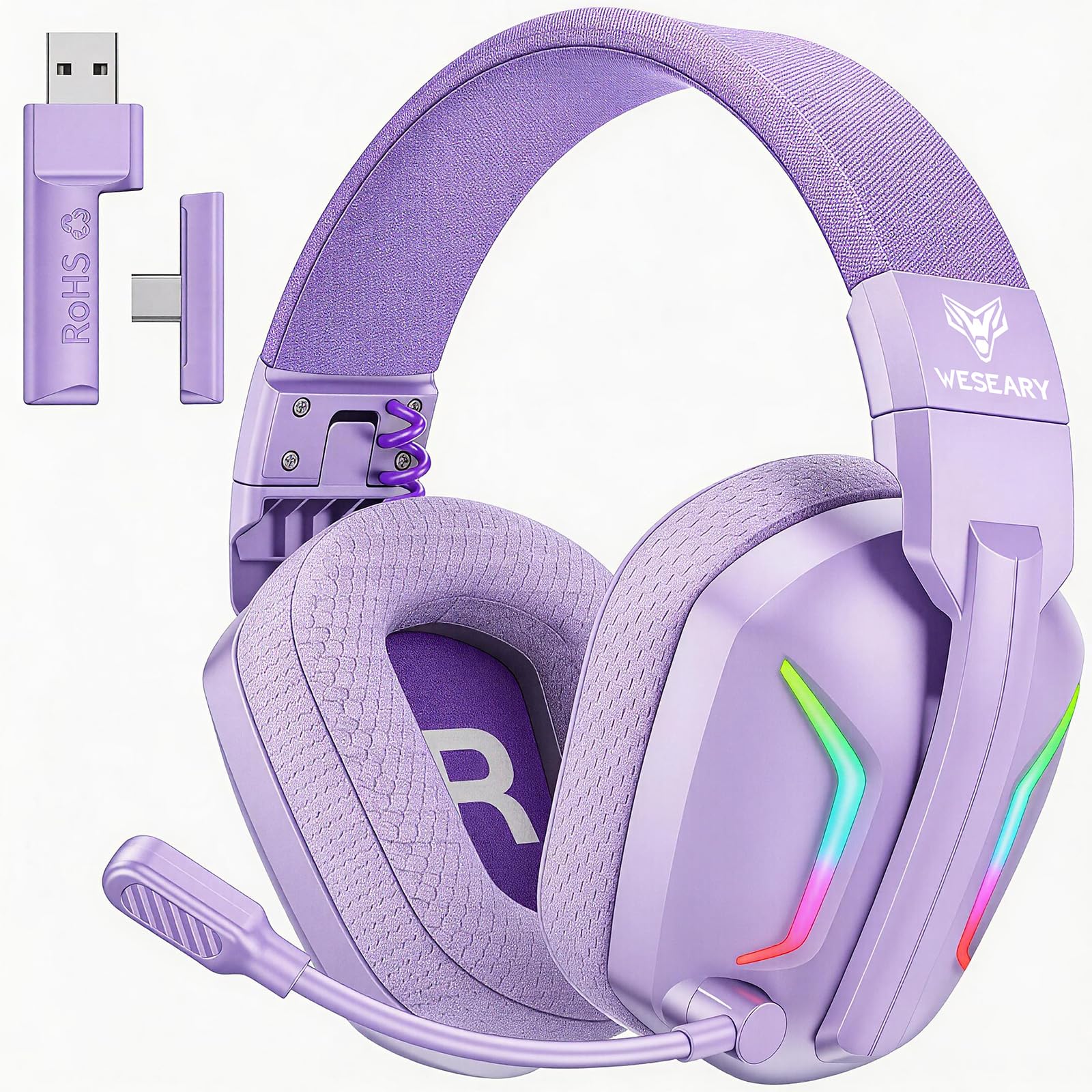 WESEARY Wireless Gaming Headset for PS5, PS4, PC, Switch &amp; Mac, 20ms Ultra-Low Latency, 2.4GHz USB &amp; Bluetooth 5.4 Gaming Headphones with Mic, 50H Battery Life, 3D Spatial Audio, Aurora Purple
