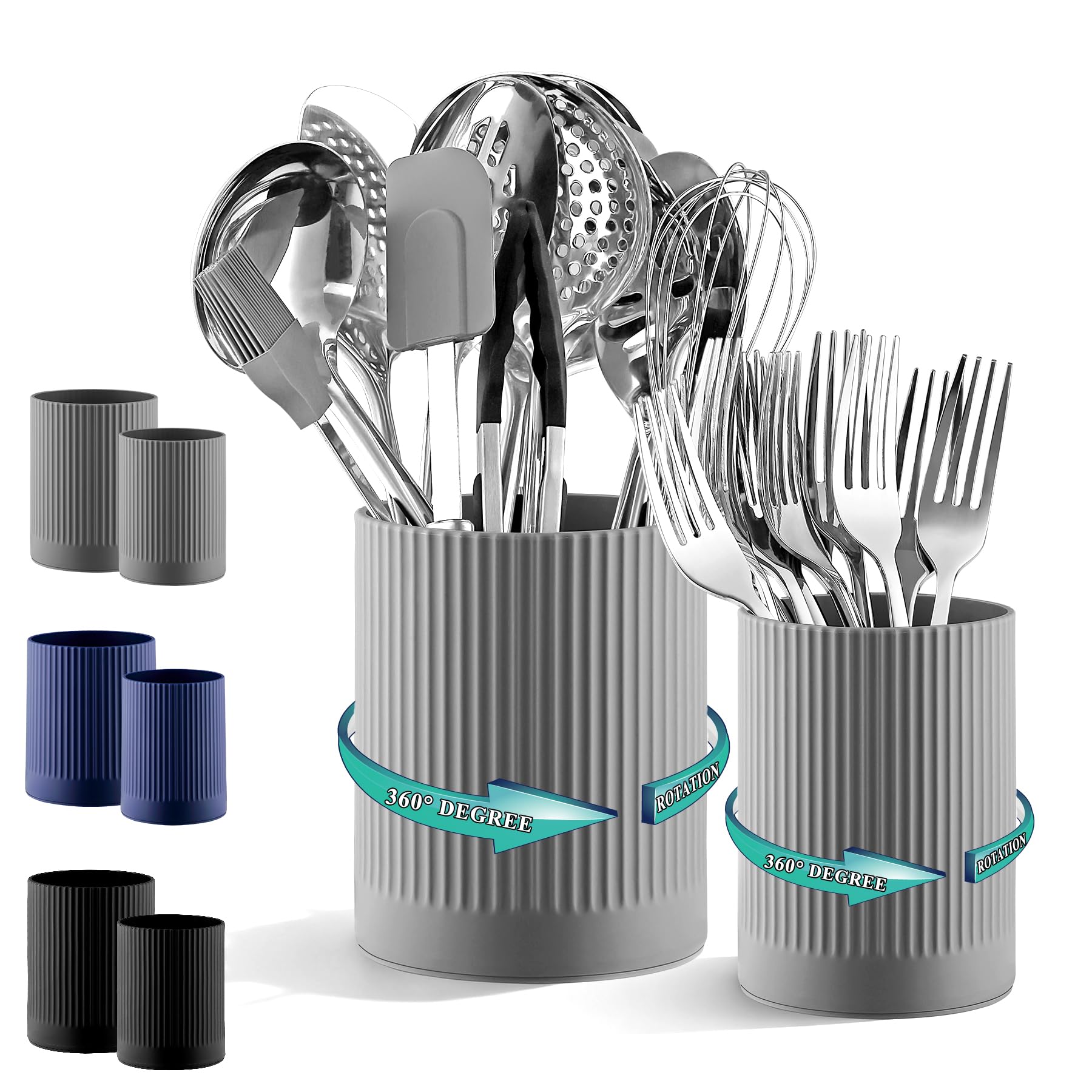 Kyraton Cooking Utensils Holder 2pcs, 360° Rotating Heavy Duty Plastic Kitchen Utensil Holder for Countertop, The Small Utensil Crock for Cutlery Silverware, Tooth Brush, Desk Pencil Pen