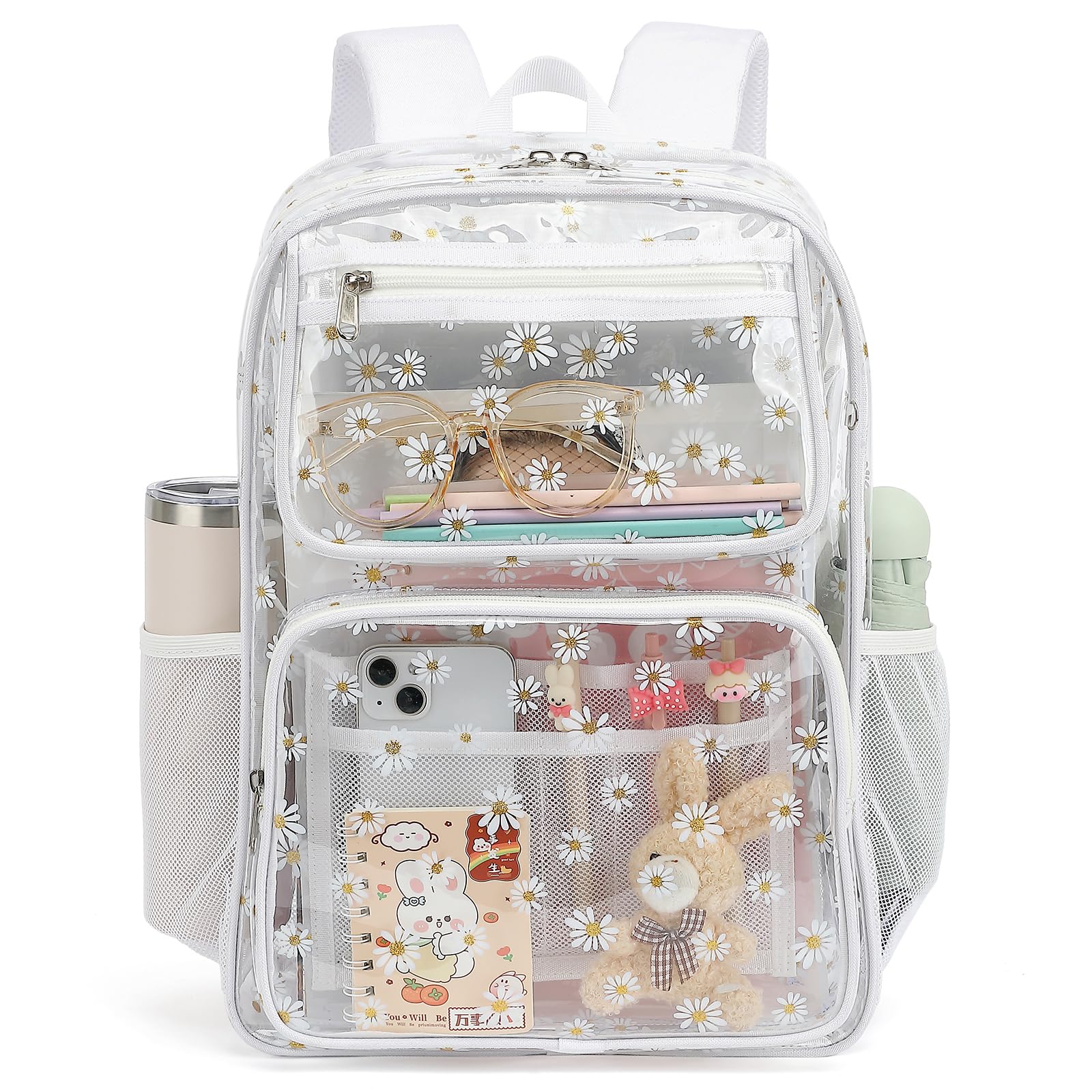 Yusudan Daisy Clear Backpack for Girls Women, Heavy Duty Transparent School Backpack See Through Bookbag (White)