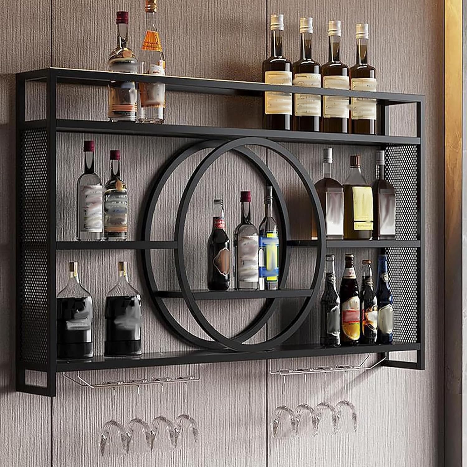 Liquor Cabinet Metal Wine Rack Wall Mounted, Hanging Metal Round