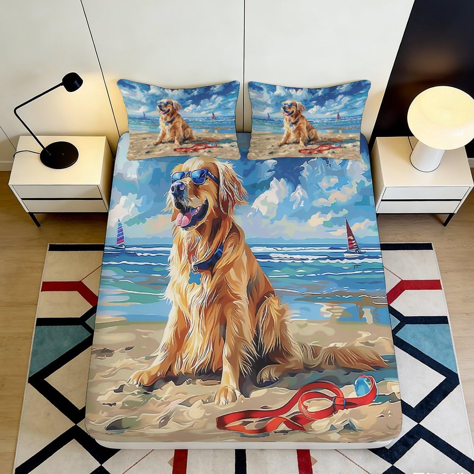 3D Printed Golden Retriever Beach Fitted Sheet Microfiber Non-slip Bed Cover for Bedroom Dorm Mattress Protection 120x200x25cm