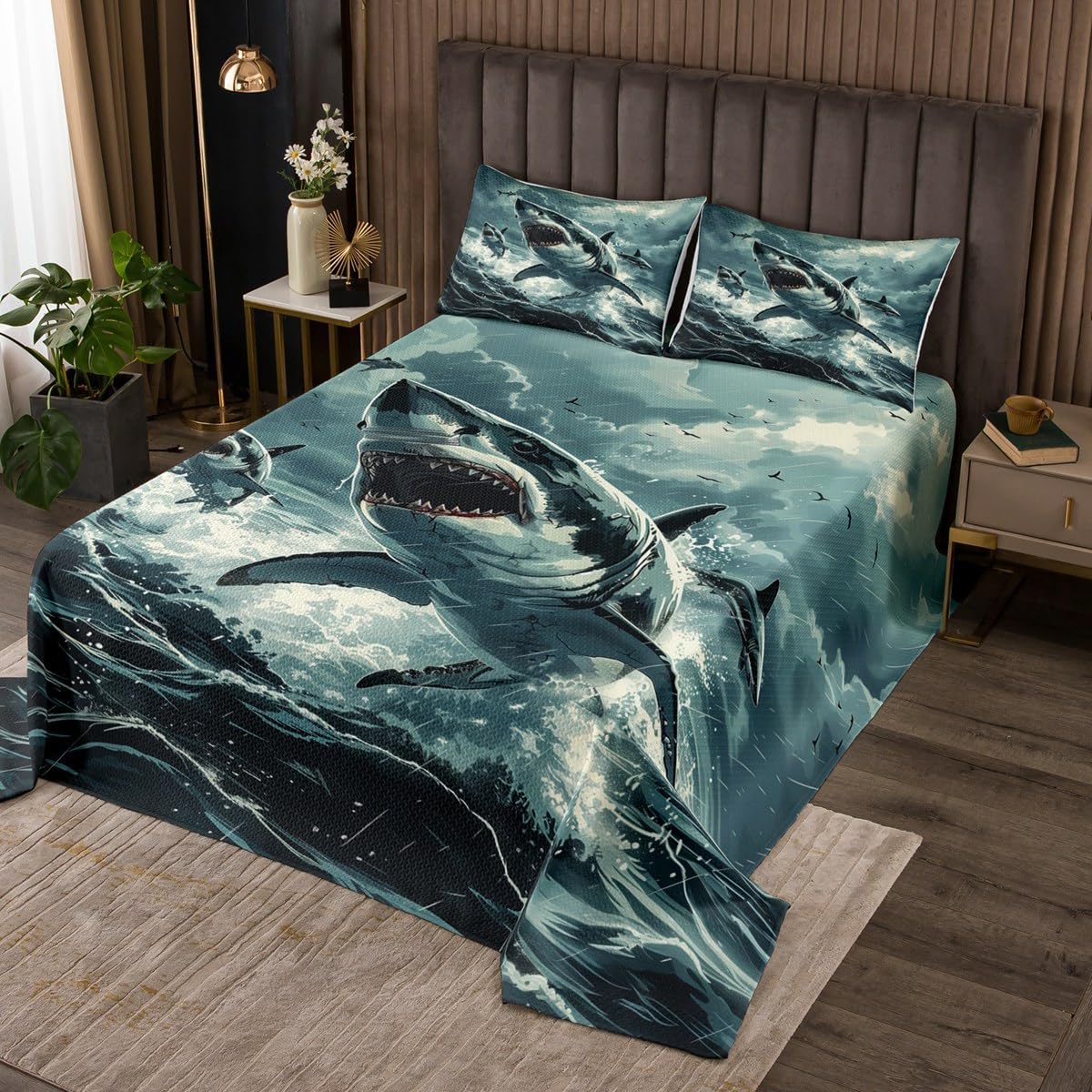 Erosebridal Ocean Shark Kids Bedspread Set Sea Theme Twin Quilt Set for Boys Girls Teen,Wildlife Animal Coverlet Set Ocean Storm Shark Bed Set Bedroom Decor 2 Pcs
