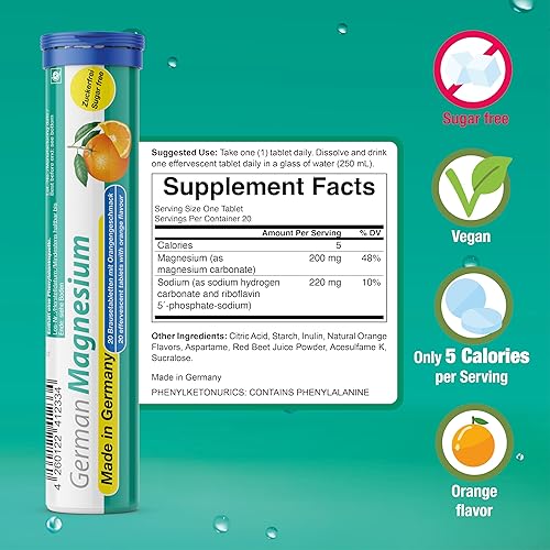 Miniatura 3 de T&D Magnesio alemán 200 mg - 40 tabletas efervescentes de bebida vegana - Sabor naranja - Hecho en Alemania
