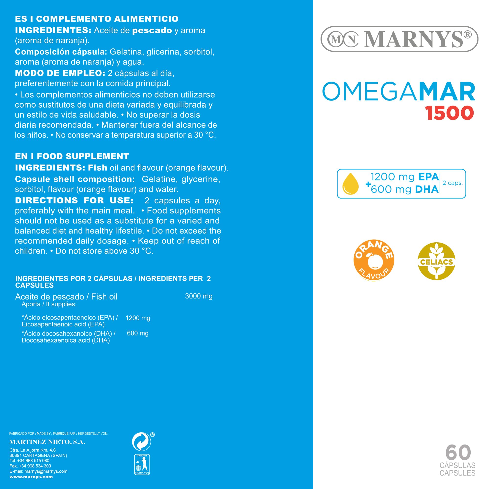 Omegamar 1500 MARNYS - Omega 3 - DHA+EPA Herz-Kreislaufschutz - Hohe Konzentration an Fettsäuren - Zöliakie geeignet - 60 Kapseln