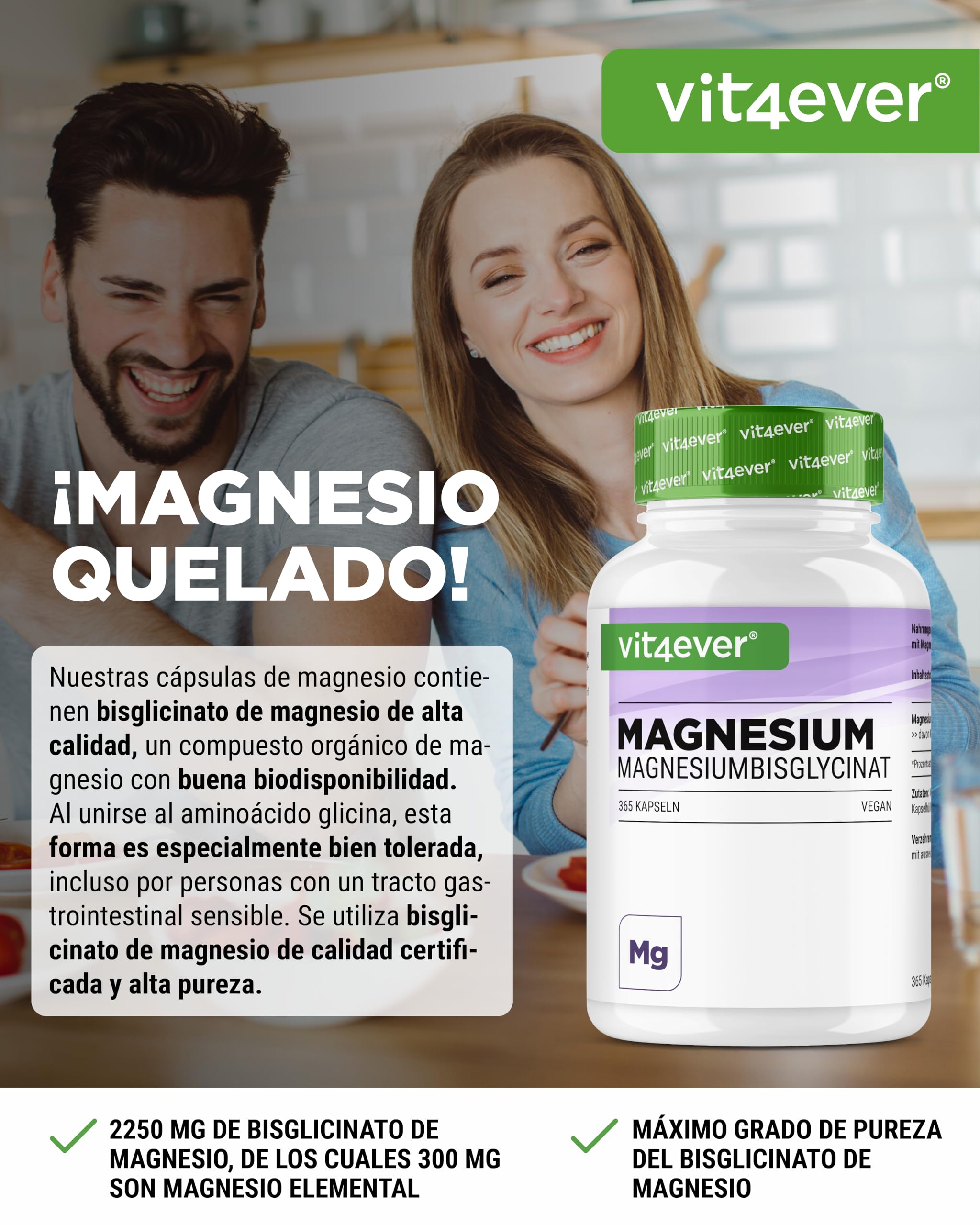 vit4ever Magnesio Bisglicinato - 365 Cápsulas - 300 mg de Magnesio elemental por Dosis diaria - Premium: Magnesium Quelado - Vegano