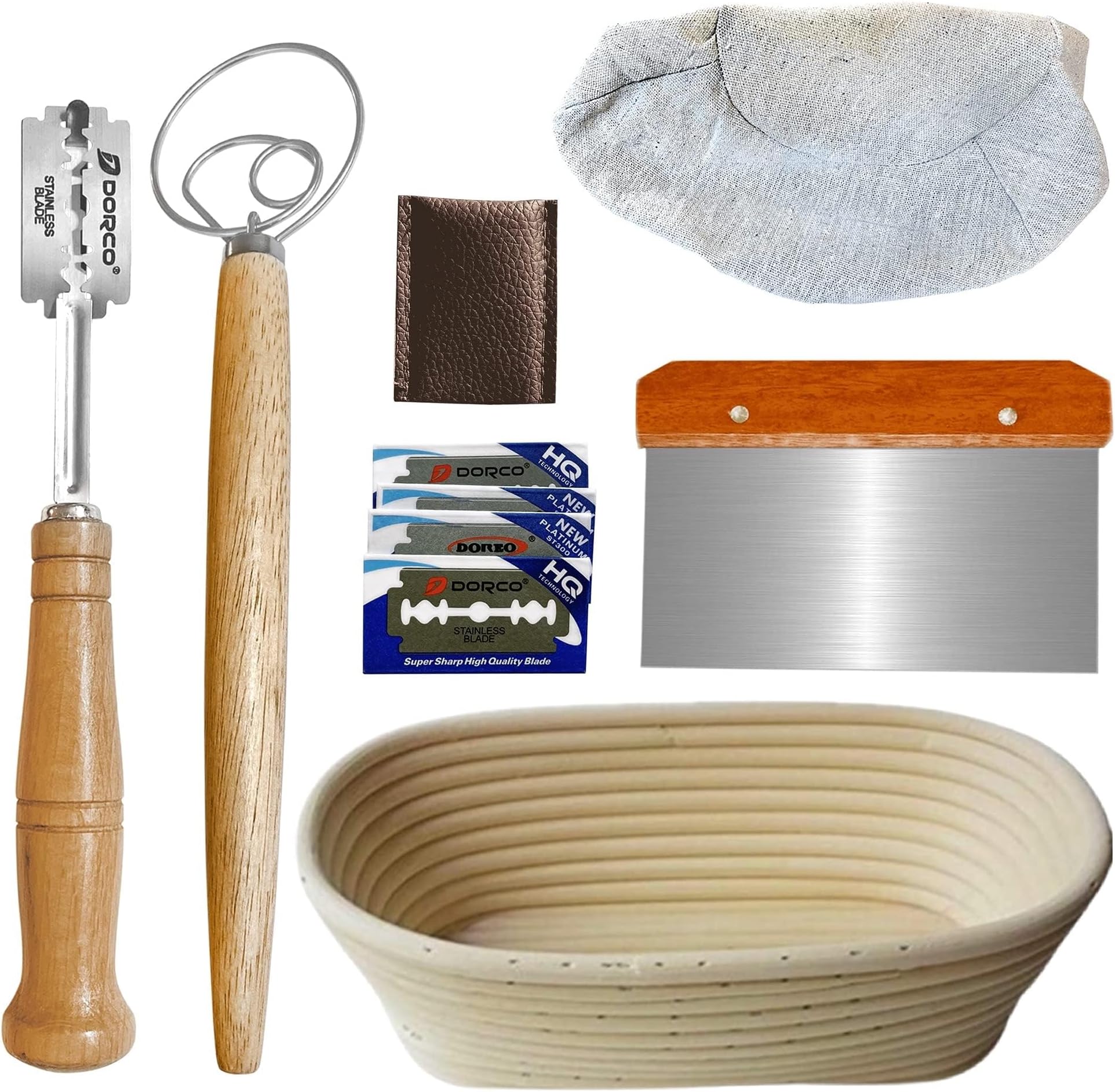 10inch Oval Banneton Proofing Basket Set Bread Baking Kit, Dough Scraper, Bread Lame, Danish Dough Whisk Sourdough Proofing Basket Artisanal Bread Making Tools and Supplies Set