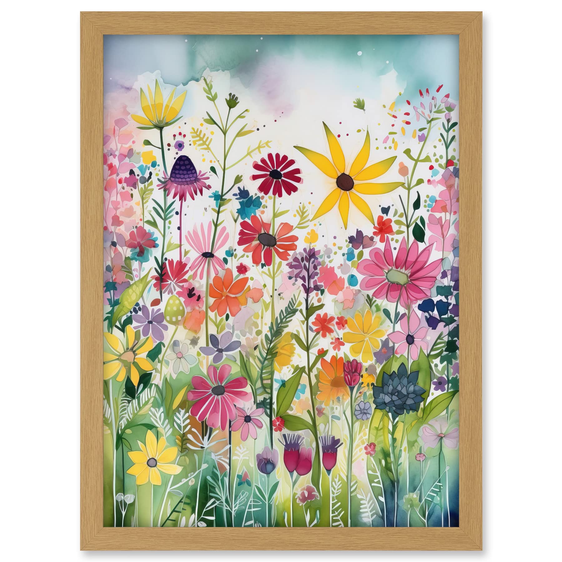 Artery8 Bright Wildflower Floral Blooms Folk Art Artwork Framed A3 Wall Art Print, Framed Light Oak A3, 45.5L x 33W cm