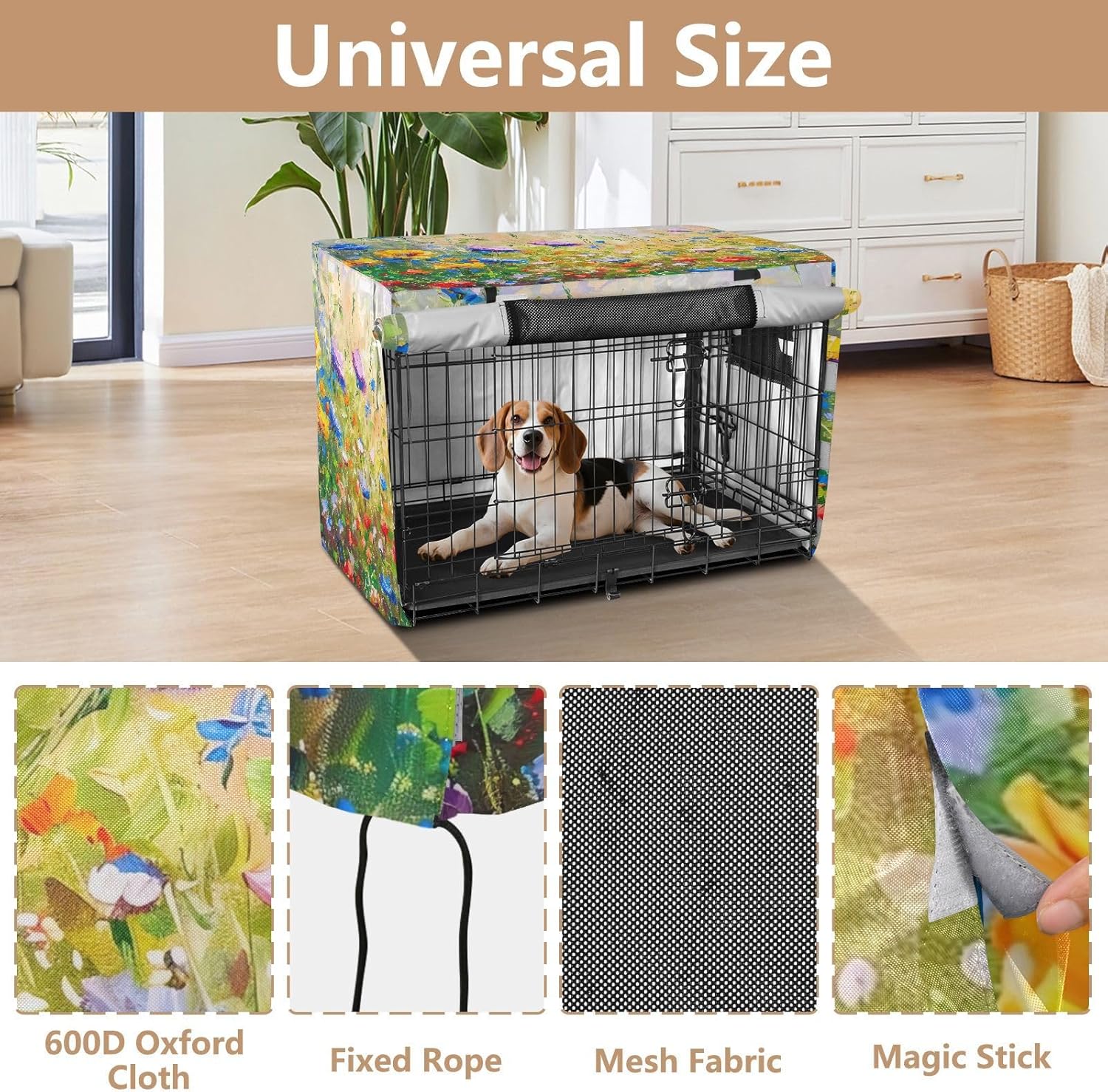 Painting Wild Flowers Spring Dog Crate Cover S-XL Washable Pet Crate Cover with Roll-up Sides, Reduces Barking, X-Large