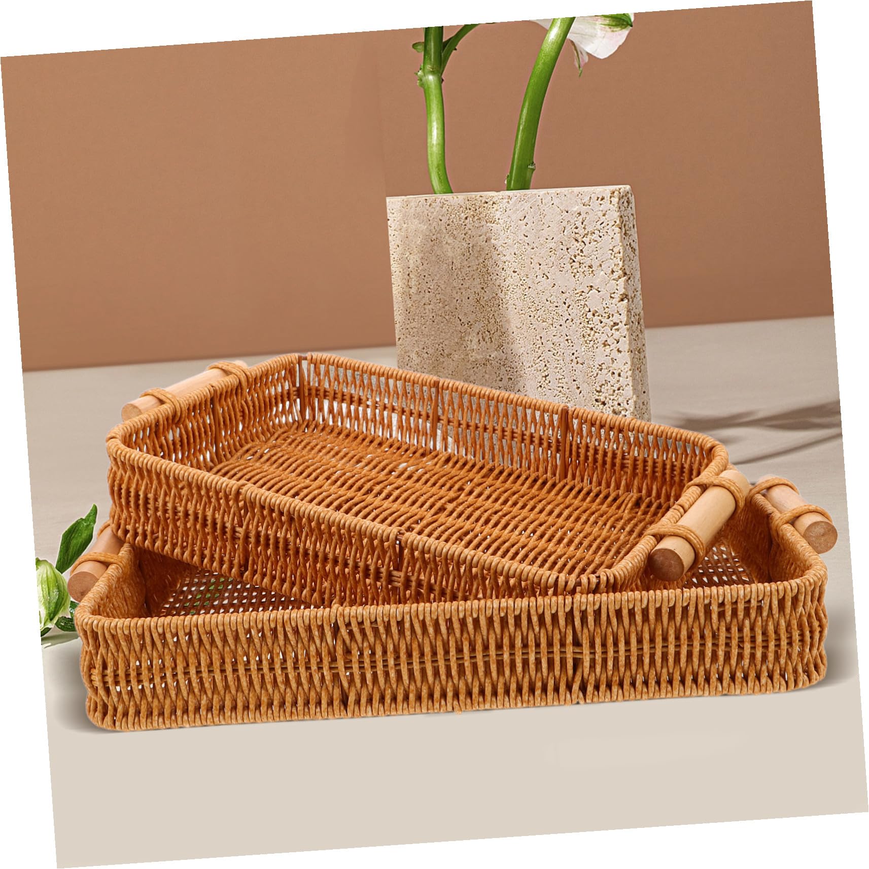 NOLITOY 2 Piezas Cestas de Pan Tejidas Mano con Asas de Madera Bandejas Rectangulares de Ratán Sintético para Servir y Almacenar Organizador Artesanal para Cocina y Comedor