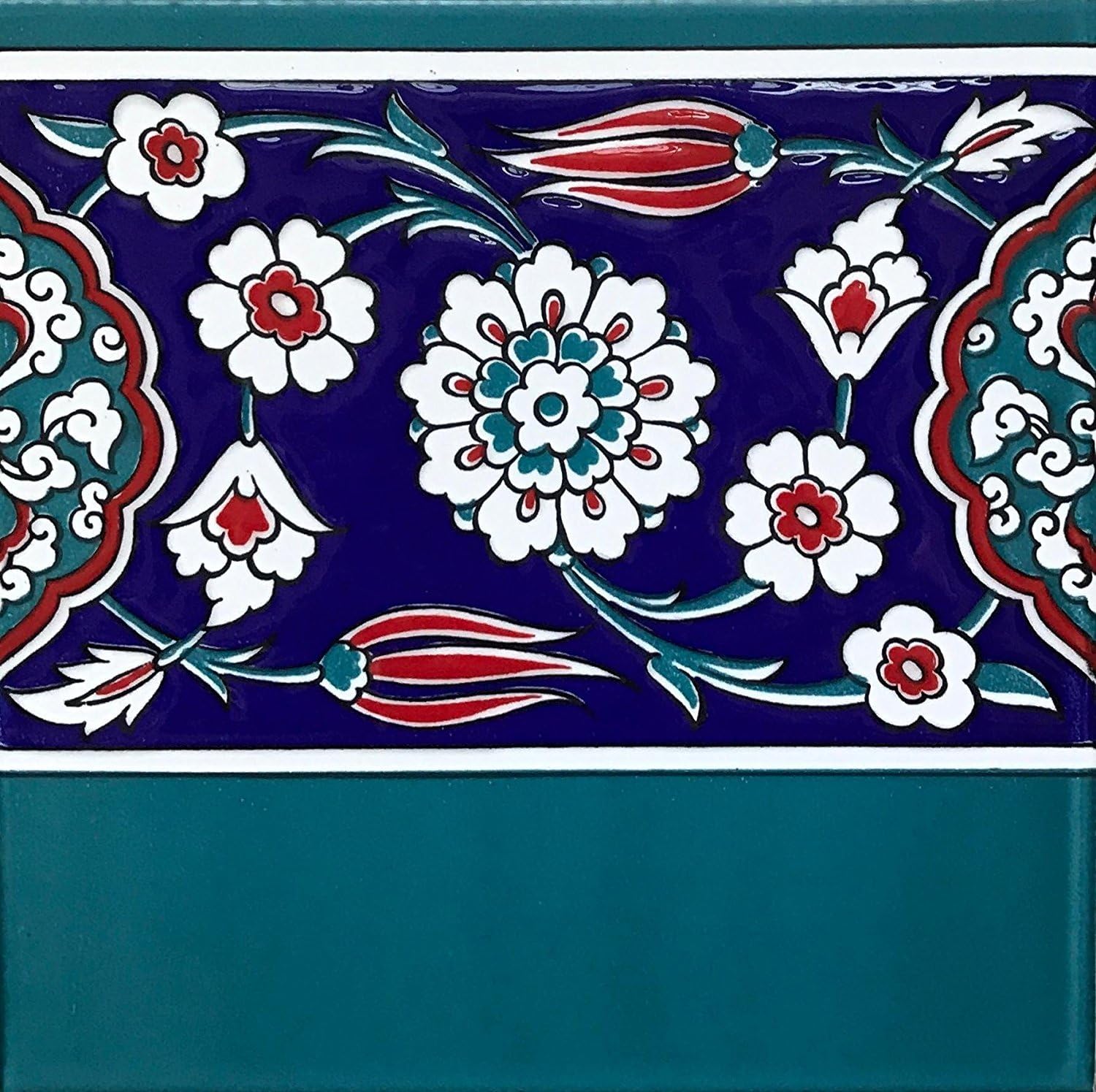 8"x8" Turkish Iznik Red Tulip & Floral Pattern Ceramic Border Tile