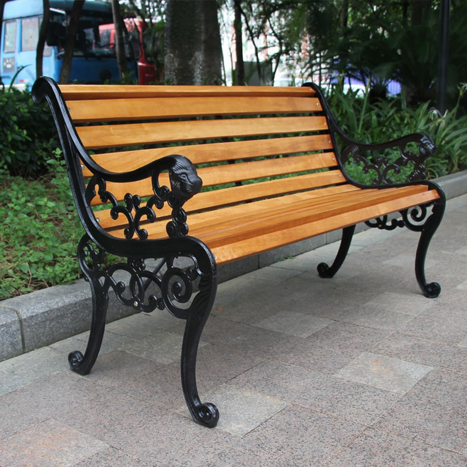 Banco de Parque de Madera Maciza con Respaldo,Banco de Patio Resistente a la Intemperie de Hierro Fundido,Asiento Natural con Listones,Reposabrazos tallados Huecos(B,125cm/47.2in)
