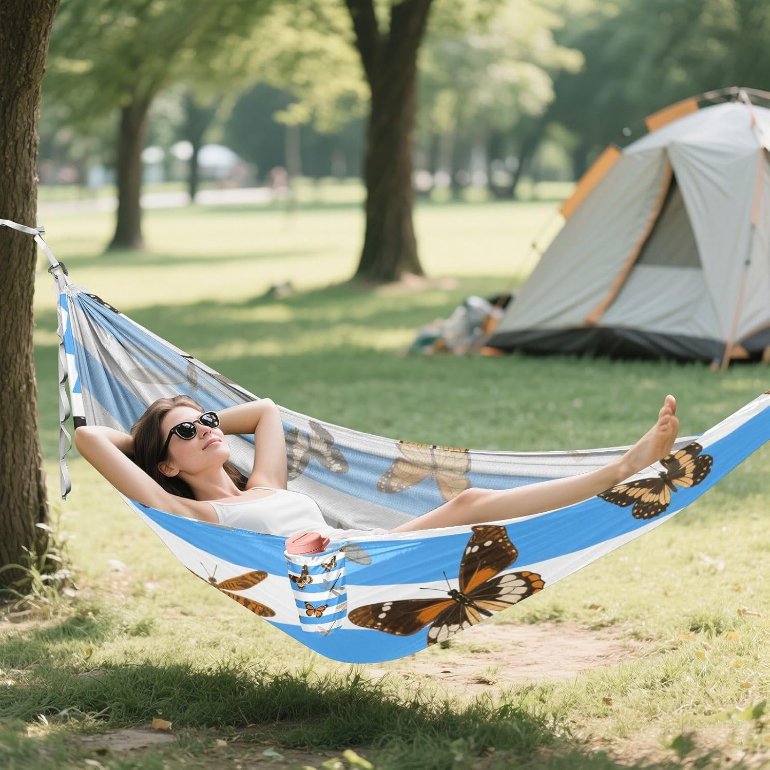 Blue White Striped Butterfly Dragonfly 330lb Capacity Hammocks with Portabl Carry Bag Portable Hammock for Camping Travel Accessories Base para hamaca