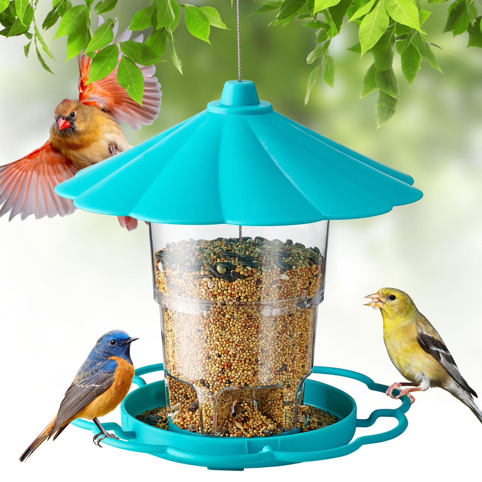 Kingsyard 2 Pack Bird Feeder for Outside Outdoors Hanging, Adjustable Hopper Feeders with Wide Seed Tray and Rainproof Roof, Wild Birds Feeder for Garden Backyard Decoration, Blue