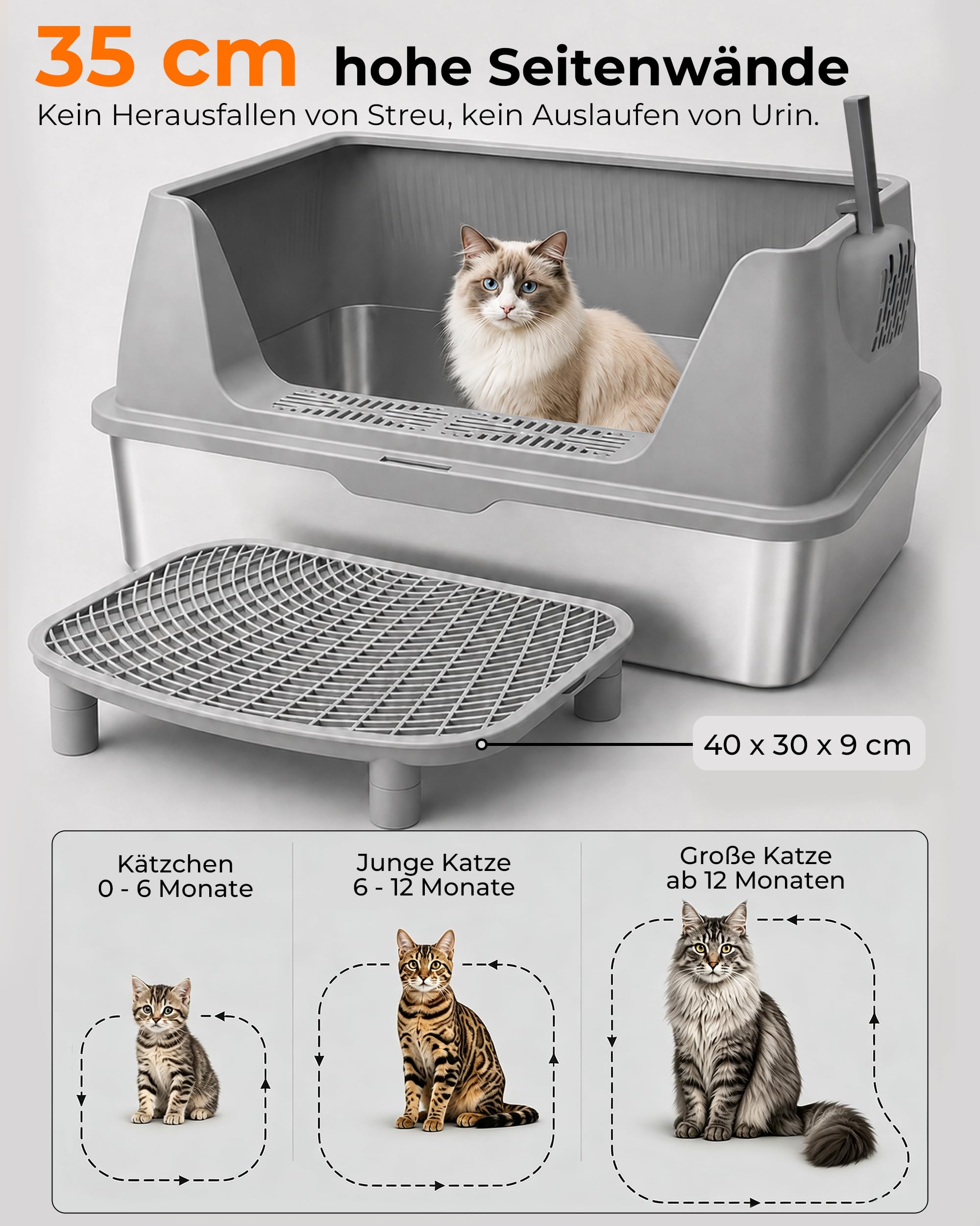 Katzenklo Edelstahl XXXL mit Hoher Rand (60x40x35cm) 42L