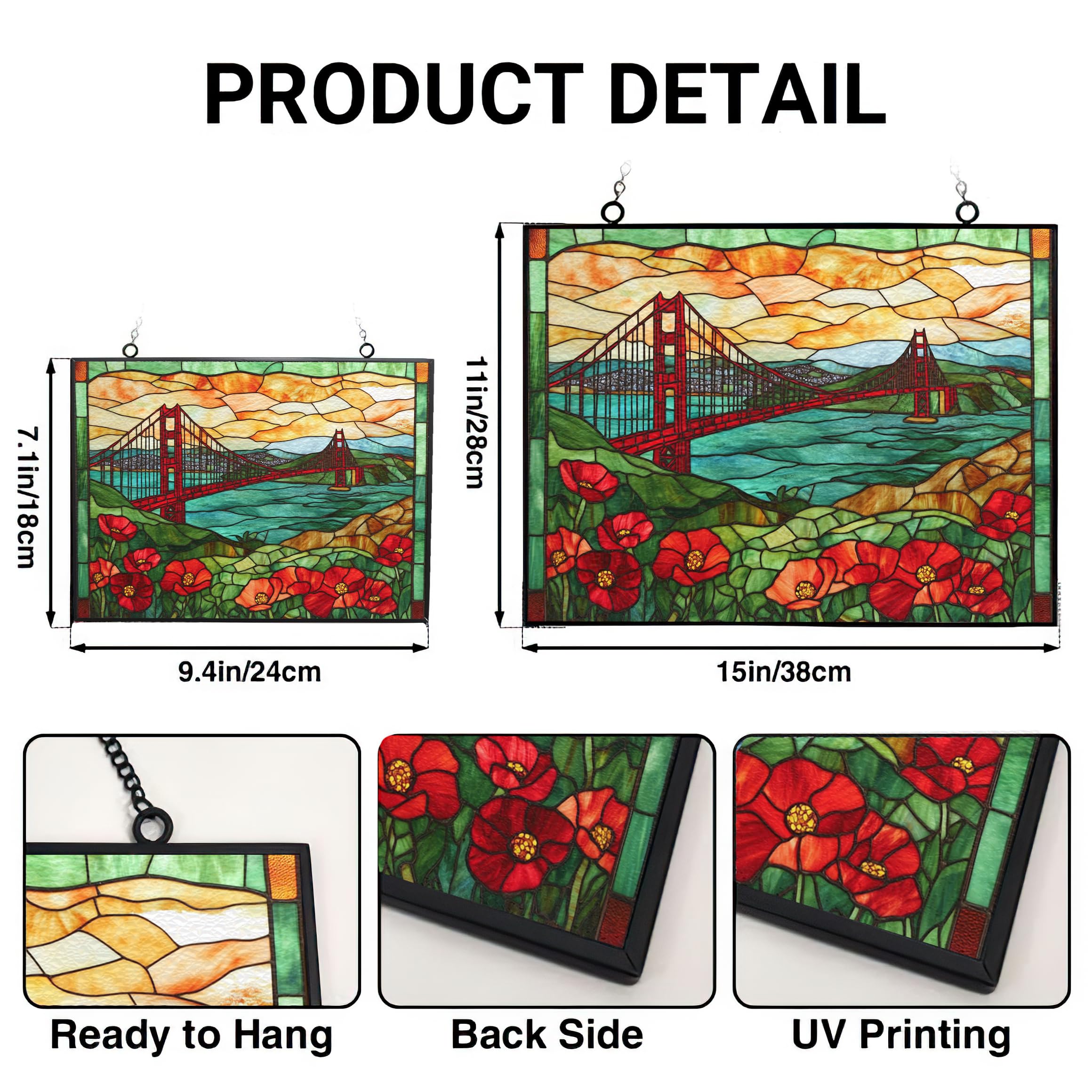 365CUSGIFTS Rectangle Vintage Golden Gate and Poppies Stained Glass Window Hanging Customized Suncatcher Glass Panel with Metal Chain Sun Catchers Wall Art Home Decor Gift for Women Mothers Day