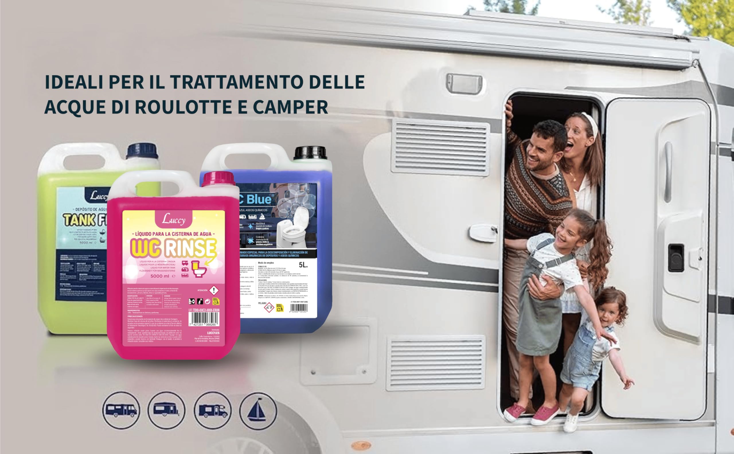 LUCCY WC Blu 20 Litri | Liquido per WC Chimico e Acque Nere | Additivo per Serbatoio di Scarico Camper, Caravan e Roulotte | Controllo degli Odori e Decomposizione dei Rifiuti