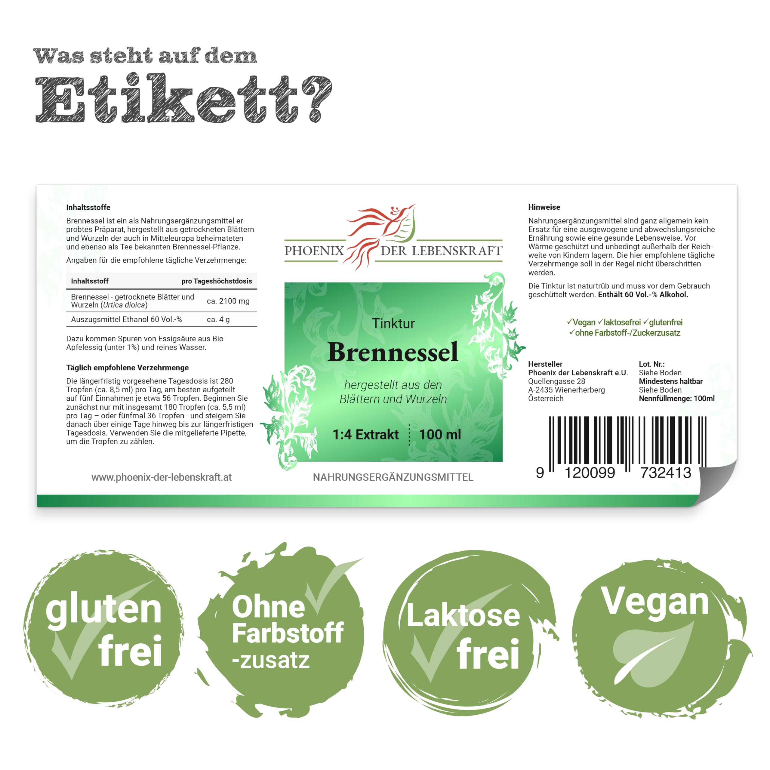 Brennessel Tinktur 100ml | Urtica dioica Tropfen (1:4 Extrakt) | Premium Qualität aus Österreich | Veganes Nahrungsergänzungsmittel | Gemeine Nessel, Große Nessel, Nessl, Grosse Brennnessel
