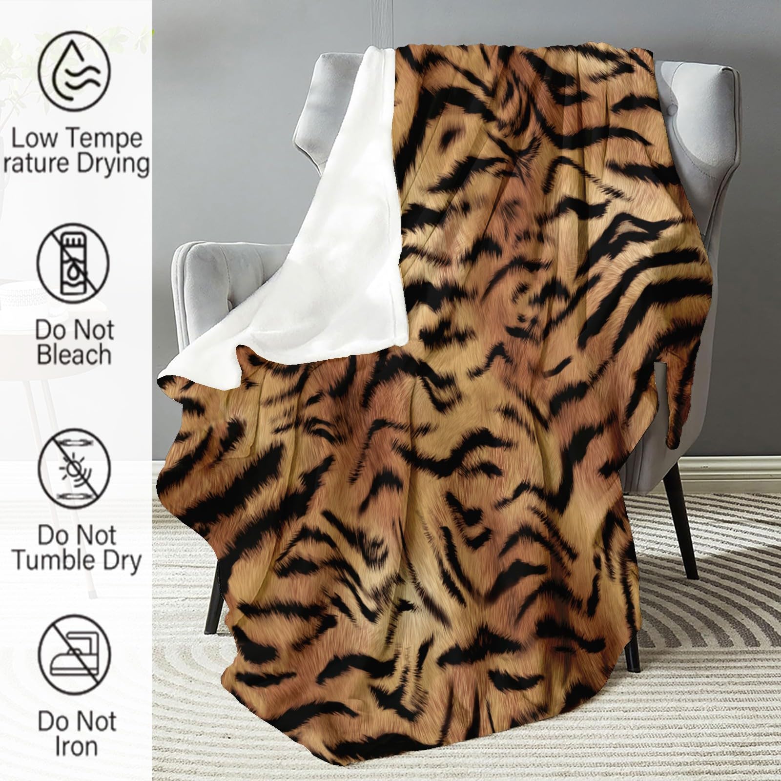 Kuscheldecke Flauschig Fleece Überwurf Braunes Tigermuster Flanell Sherpa Decke, Winterdecke Über Bett Oder Sofa, Weiche Decke für Reisen Camping 150x200cm