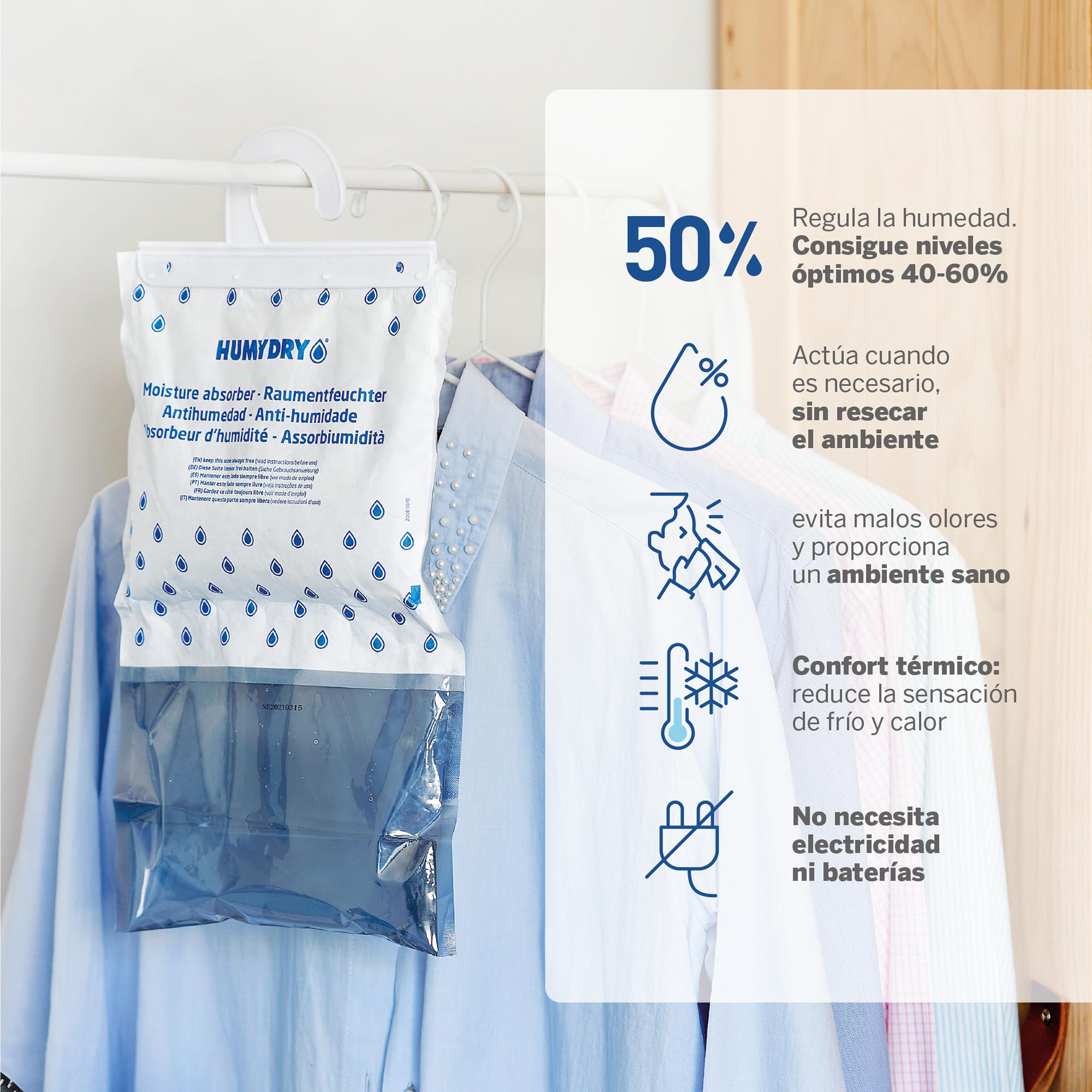 Pack de 3 Bolsas antihumedad Percha - Absorbe Humedad de Armarios - Espacios de hasta 15 m2 - Fragancia Neutro - Contenido: 3 unidades de 450 gr - Humydry