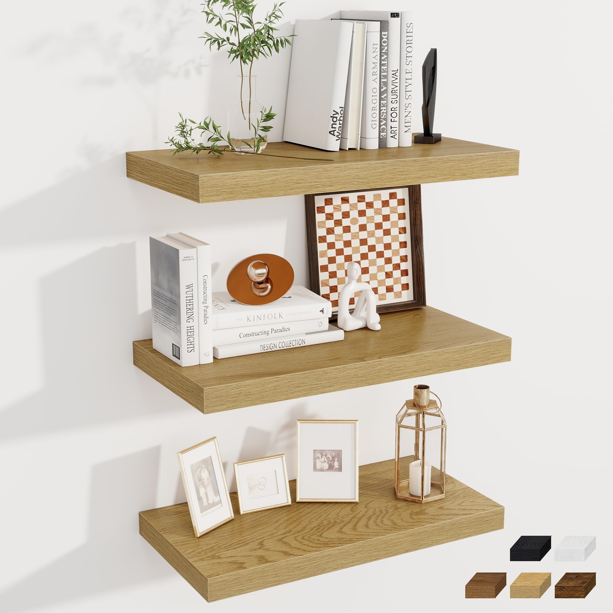 Fun Memories 24 x 12 Inch Deep Floating Shelves, 12 Inch Deep Rustic Wooden Book Shelf, Extra Deeper &amp; Thicker Hanging Shelves for Living Room, Bathroom, Bedroom, Kitchen, Office, Set of 3 (Oak)
