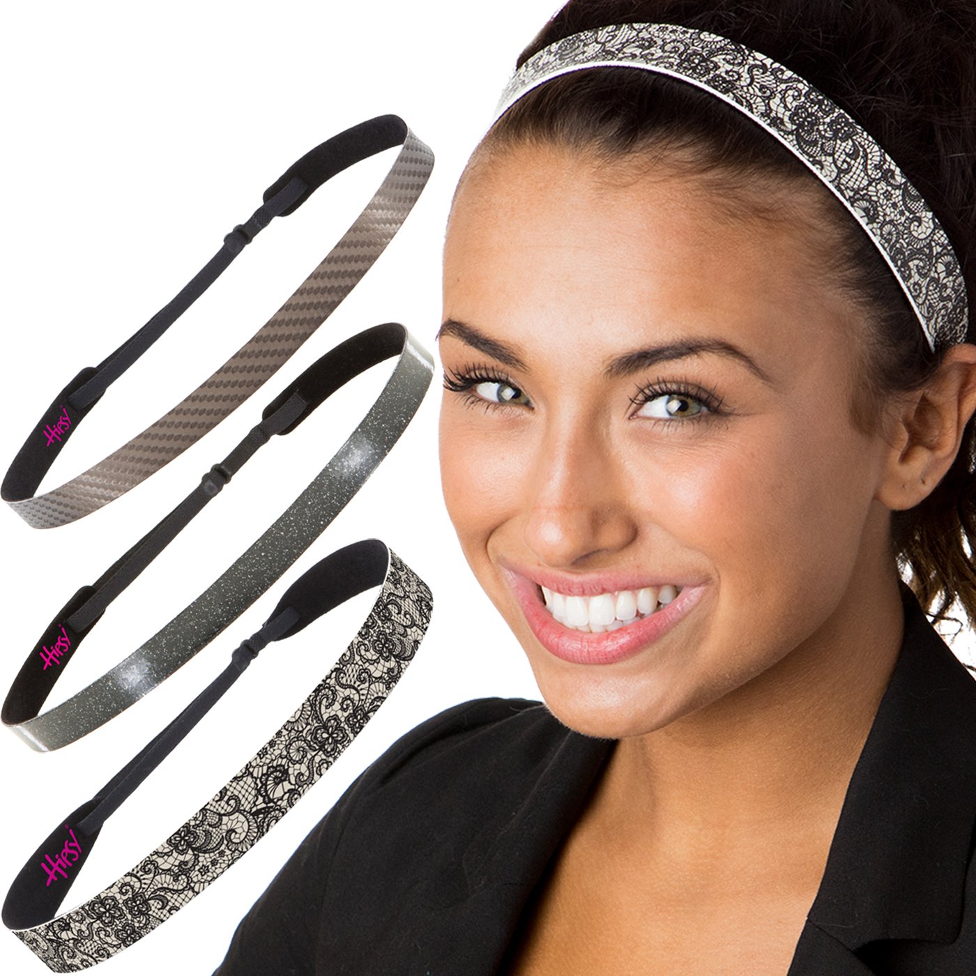 Hipsy Women's Fashion Adjustable No Slip Classy Style Hair Headband Multi 3-Pack (Lace/Black/Brown)
