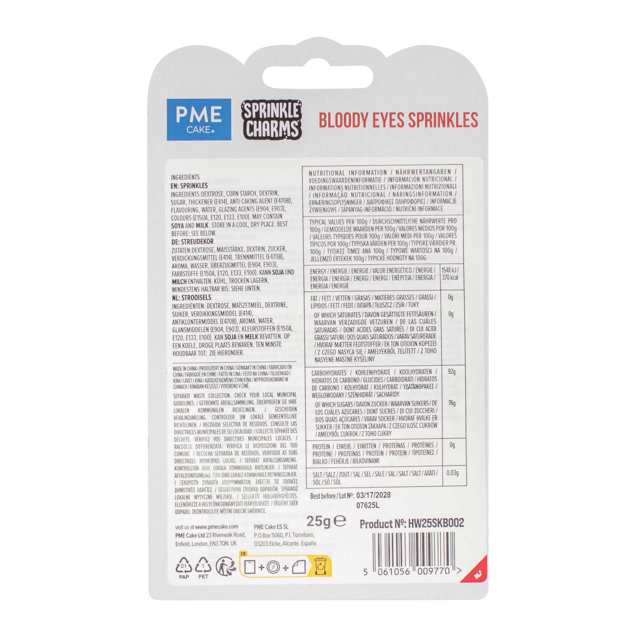 PME Sprinkles decorativos con Charms de Halloween – Ojos Sangrientos (25g)