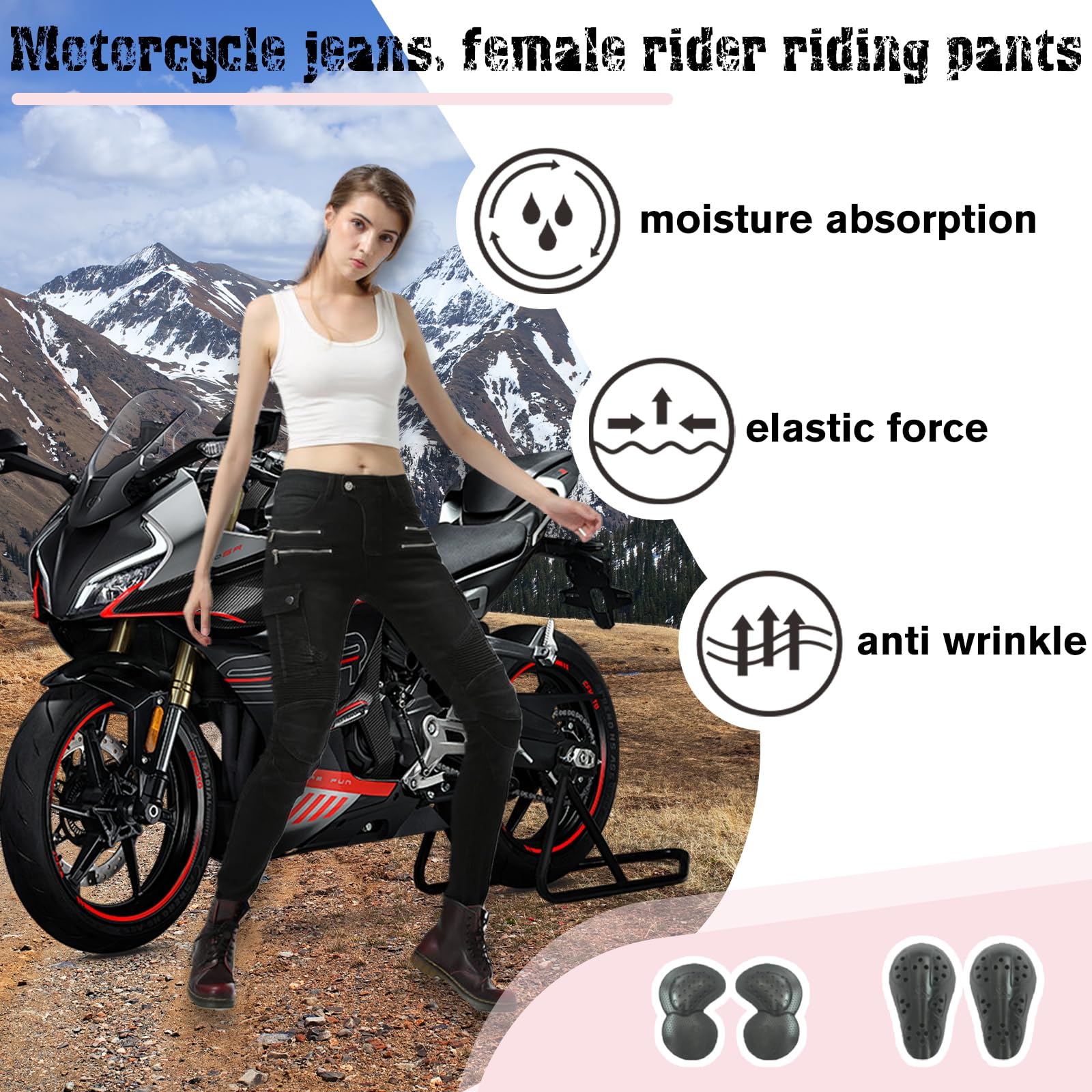 Jeans Moto Donna - Protezione Motorcycle Pantaloni con Strato in Kevlar,4 x Pad di Protezione,Protezioni CE per Ginocchia