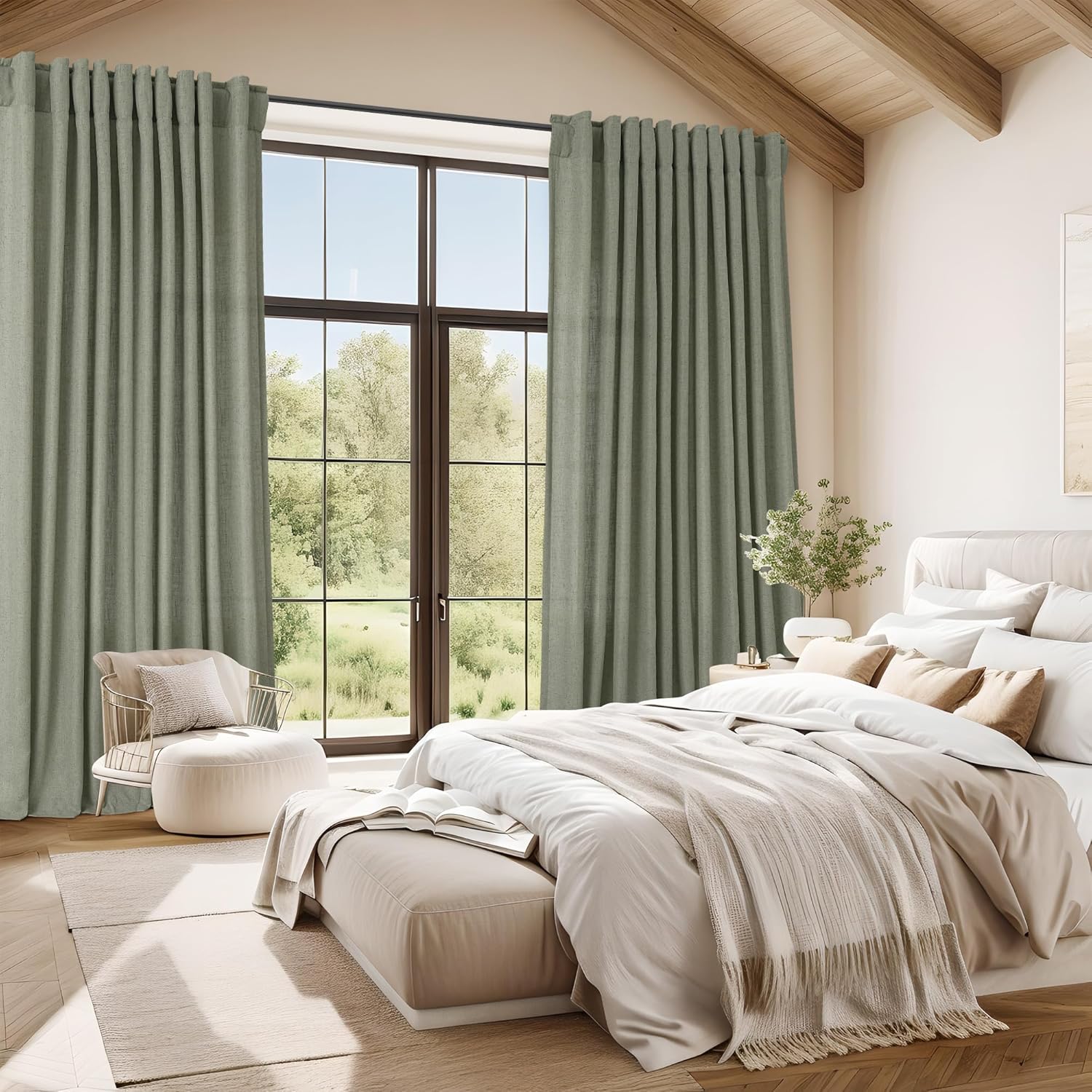 Naturoom 108 Inch Semi Sheer Linen Curtains 2 Panels Set Back Tab Rod Pocket Light Filtering Morden Farmhouse Drapes Window Treatments for Bedroom Living Room 40x108 Sage Green