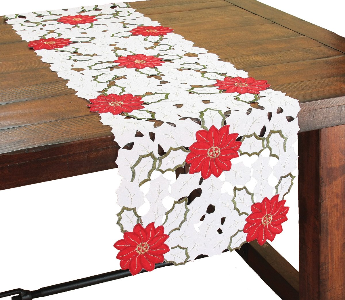 Xia Home Fashions Holiday Poinsettia Embroidered Cutwork Christmas Table Runner, 15 by 54-Inch