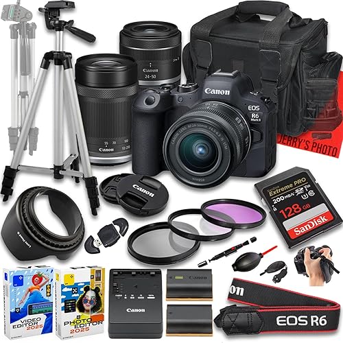 Canon EOS R6 Mark II Mirrorless Camera with RF 24-50mm f/4.5-6.3 is STM and 55-210mm f/5-7.1 is STM Lens + 128 GB Memory + Extra Battery + Camera Case + Tripod + More (23pc Bundle) (Renewed)