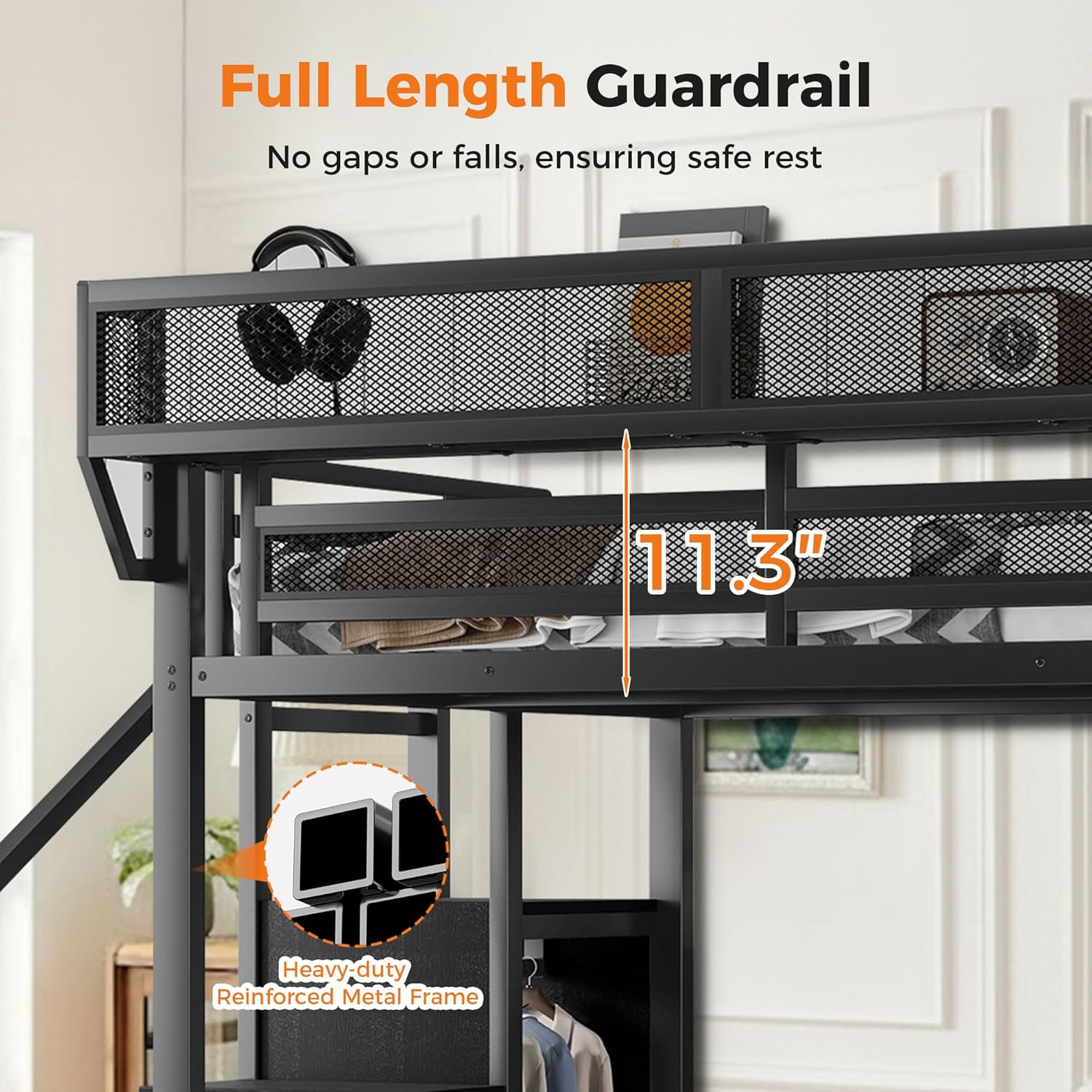 Queen Size Loft Bed with Built-in Storage Stairs, Wardrobe, Metal High Loft Bed Frame with Sided Guardrail, Space Saving Loft Bunk Bed Frame with Stairs for Kids Teens, Black