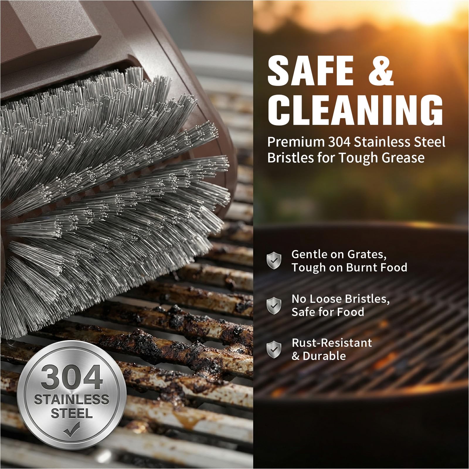 Nettoyeur électrique pour barbecue - Sans brosse - Avec lumière LED - En acier inoxydable 304 - 350 tr/min - Accessoire de barbecue - Convient pour tous les barbecues