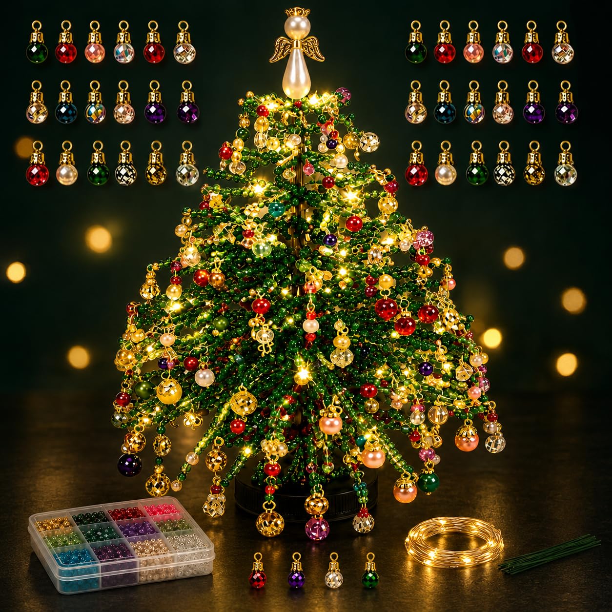 Zealburst DIY Beaded Christmas Tree Kit, Christmas Bead Craft Ornament Kits, Beading Kits with Colorful Beads & Ornaments, Handmade Holiday Craft Set, Xmas Craft for Craft Lovers，E#