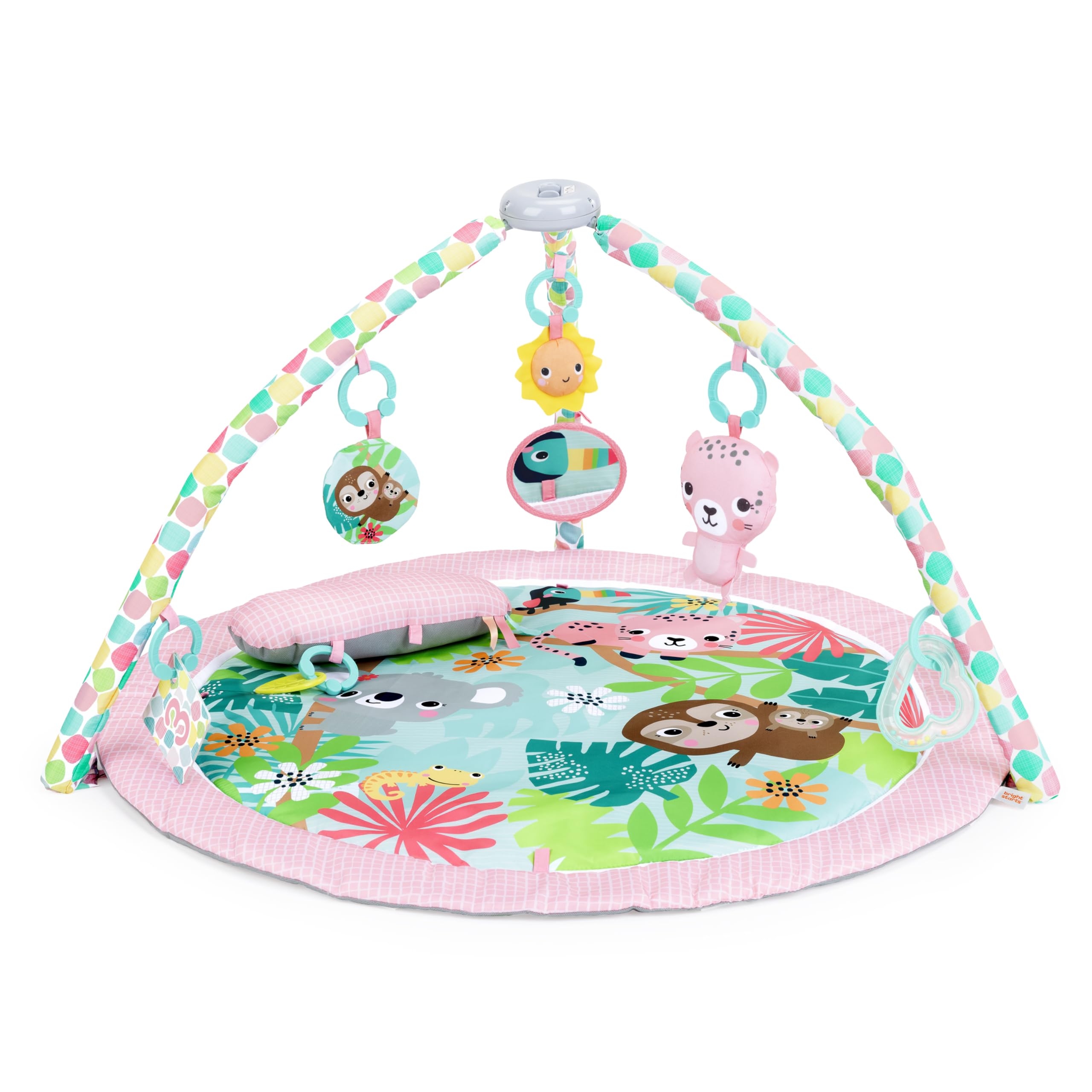 Bright Starts Rosy Rainforest Foldaway Activity Gym with Foldable Toy Bars and Carry Bag for Storage & Travel, 7 Take-Along Toys, Pink, Newborn and Up