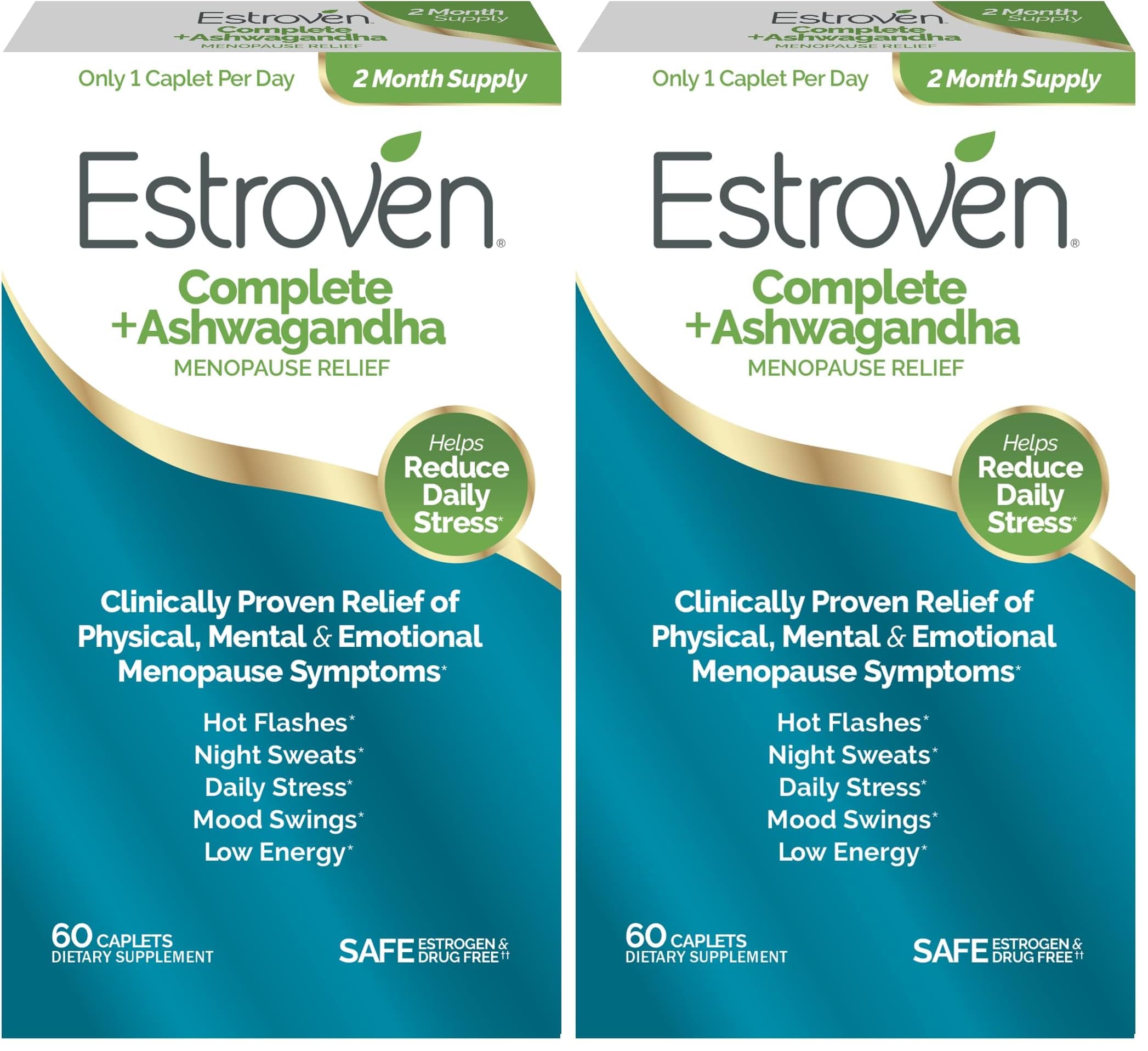 Estroven Complete + Ashwagandha Multi-Symptom Menopause Supplement for Women - Clinically Proven Ingredients Provide Menopause Relief & Night Sweats + Hot Flash Relief* - 4 Month Supply (Pack of 2)