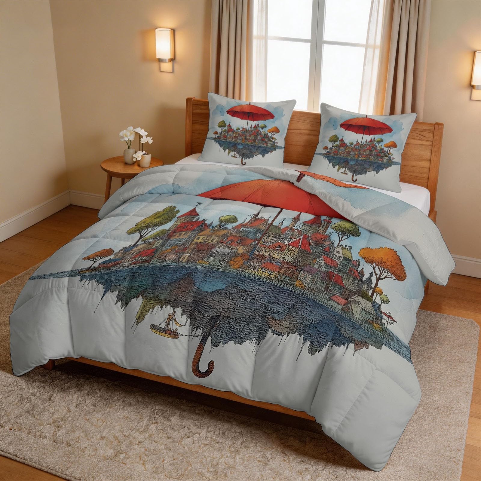 Kołdra 240 x 220 cm, na 4 pory roku, Fantasy Anime cztery pory roku, pikowana, wyspa, miasto, parasol, miękka kołdra całoroczna, bez poszewki, dla chłopców, młodzieży, nadaje się do prania