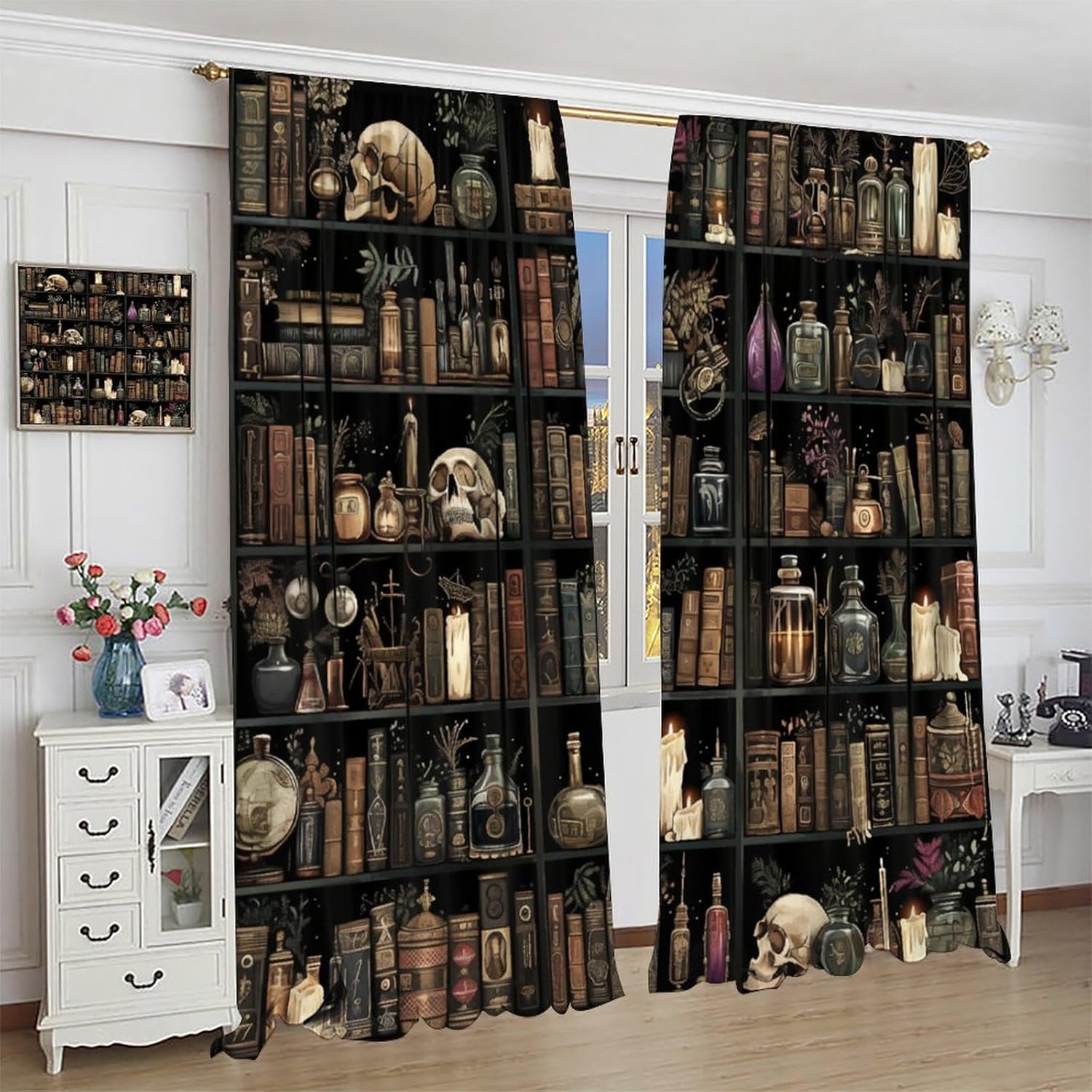 Gothic Library Book Blackout Curtains, Retro Bookshelf Skull Floral Candles Home Decor Rod Pocket Window Drapes for Living Room Bedroom - 45" L x 42" W