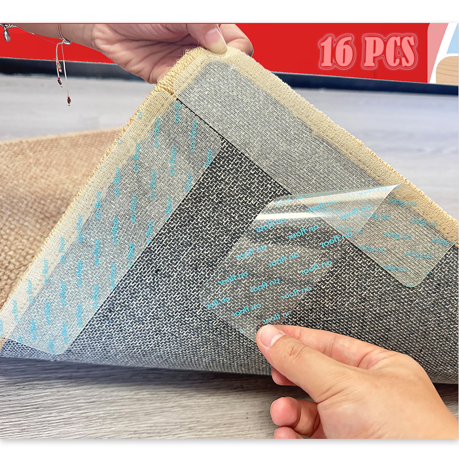 Rug Carpet Non Slip Grippers, 16Pcs Large Carpet Tape Pads Reusable, Removable Strong Adhesive Without Residue, Double Sided Rug Carpet Tape Strips