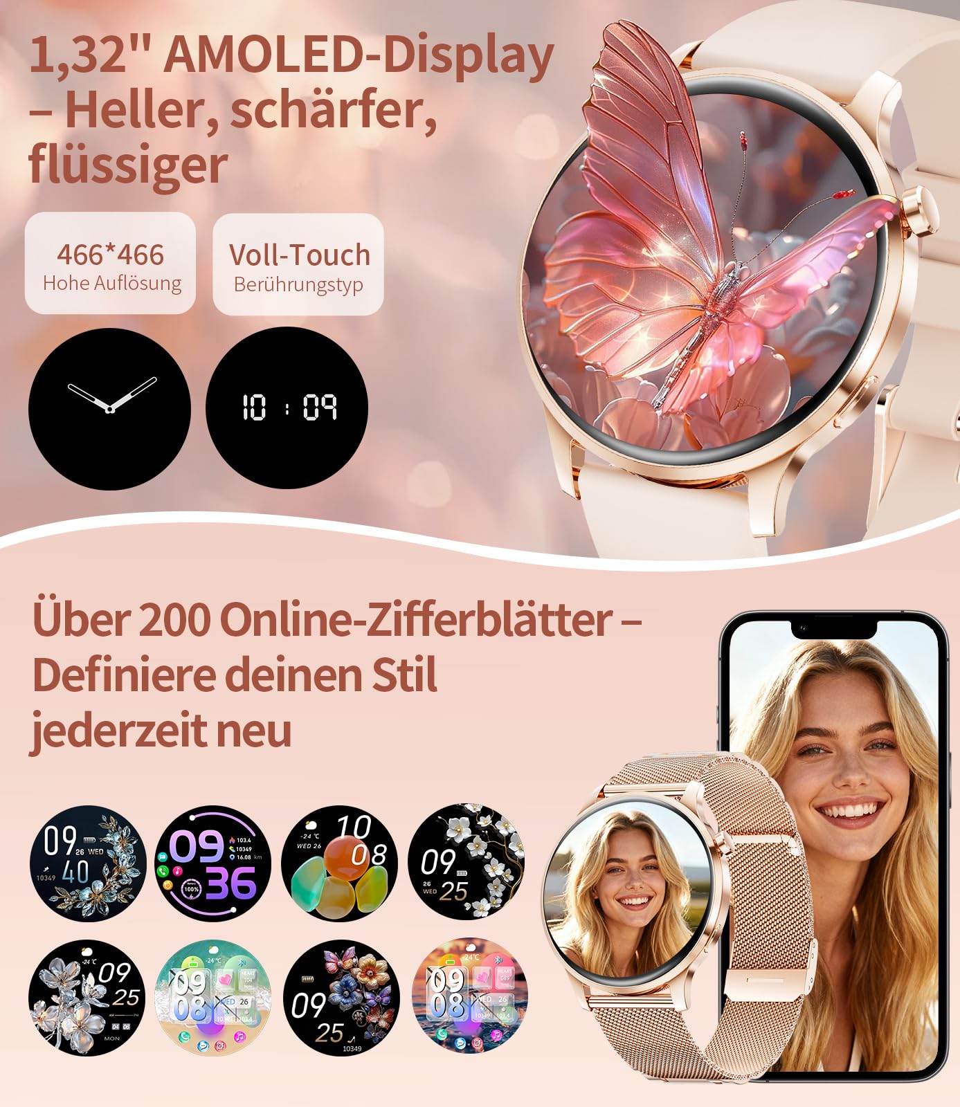 LIGE Smartwatch Damen Rund mit Telefonfunktion 7,9mm Dünn 1.32" AMOLED Elegant Fitnessuhr Frauen für Android iOS,Sportuhr mit Herzfrequenz Schlafmonitor,Menstruationszyklus,100+ Sportmodi,Roségold