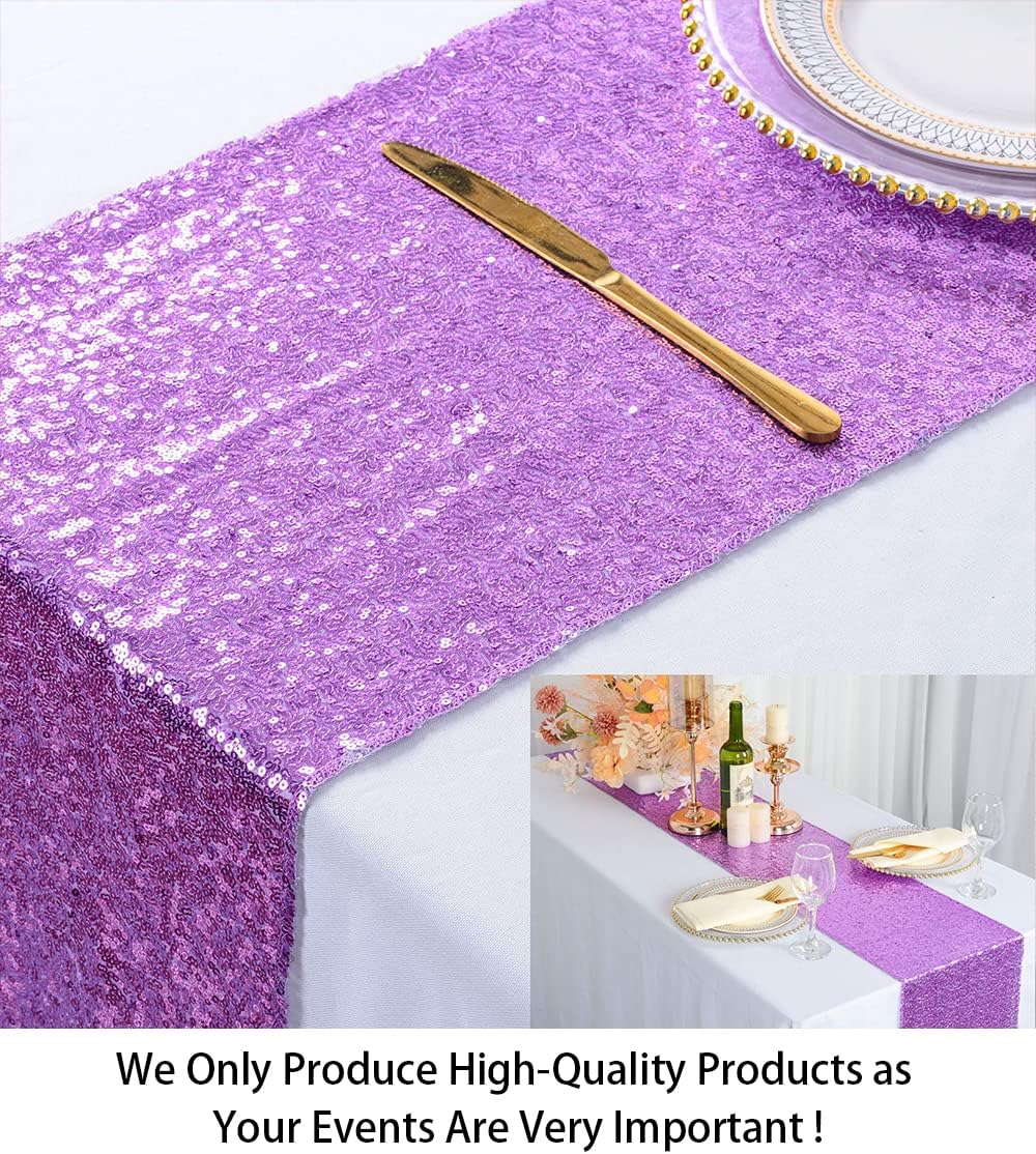 ShinyBeauty Lavender Table Runners 12x108-Inches Pack of 10 Sequin Table Runner Glitter Fabric Light Purple Wedding Runner Party Supplies Shiny Table Decorations for Anniversary Birthday